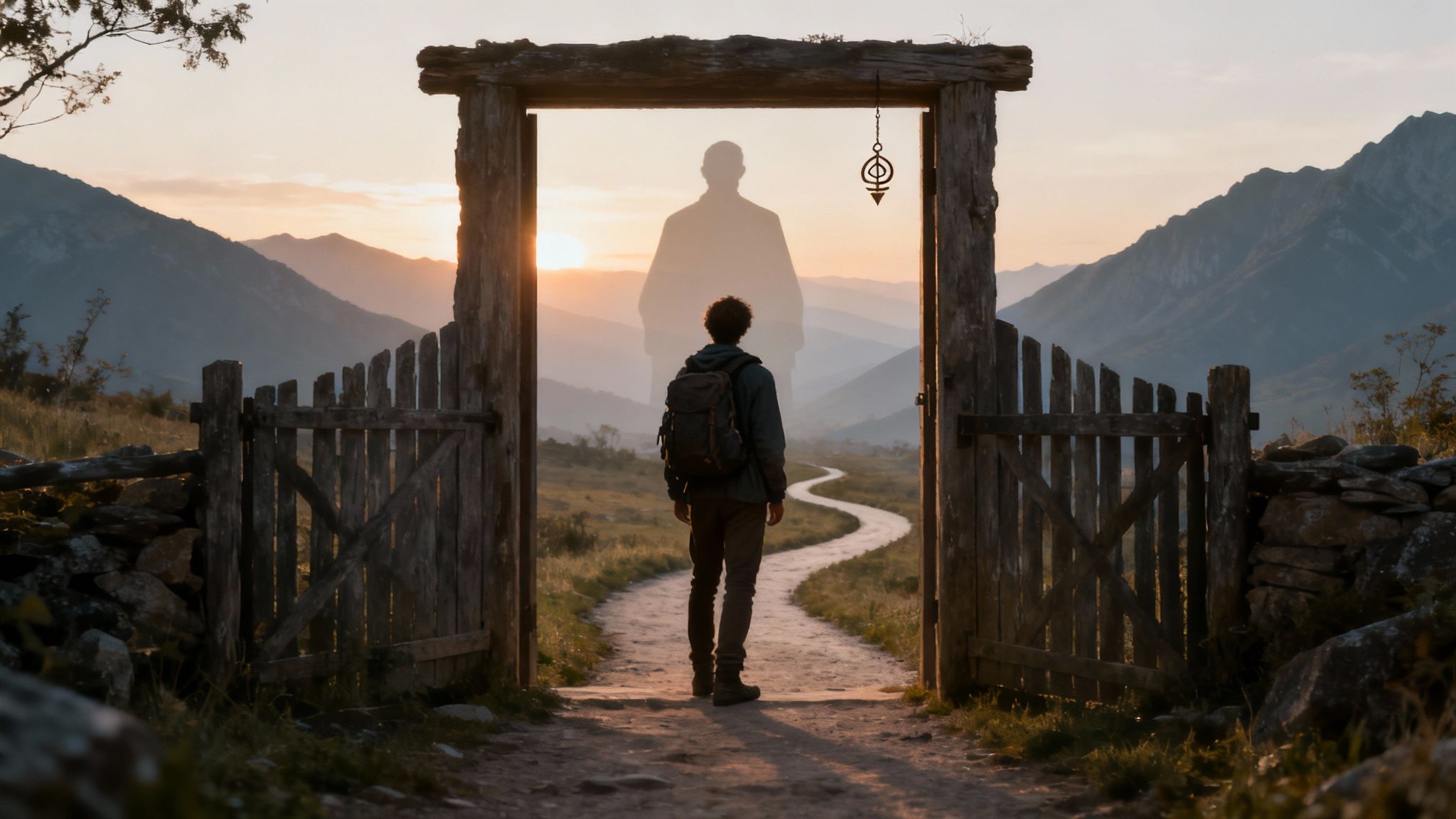 A traveler with a backpack stands at an open wooden gate, gazing towards a winding path and a large silhouette at sunset.