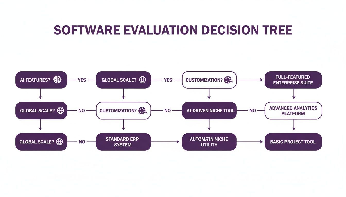 A flowchart titled 'Software Evaluation Decision Tree' showing paths based on AI, global scale, and customization.