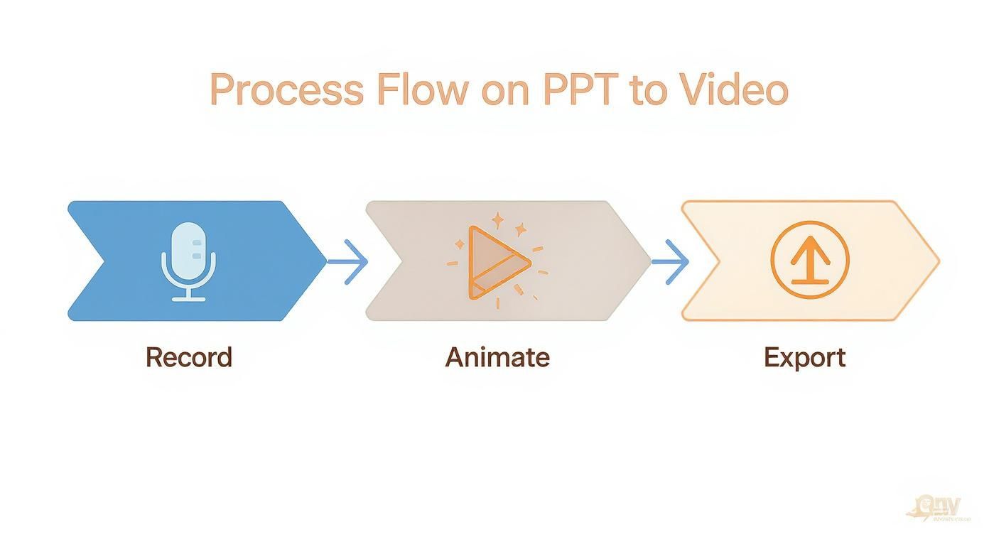 Process flow diagram showing steps to convert PPT to video: Record, Animate, and Export.