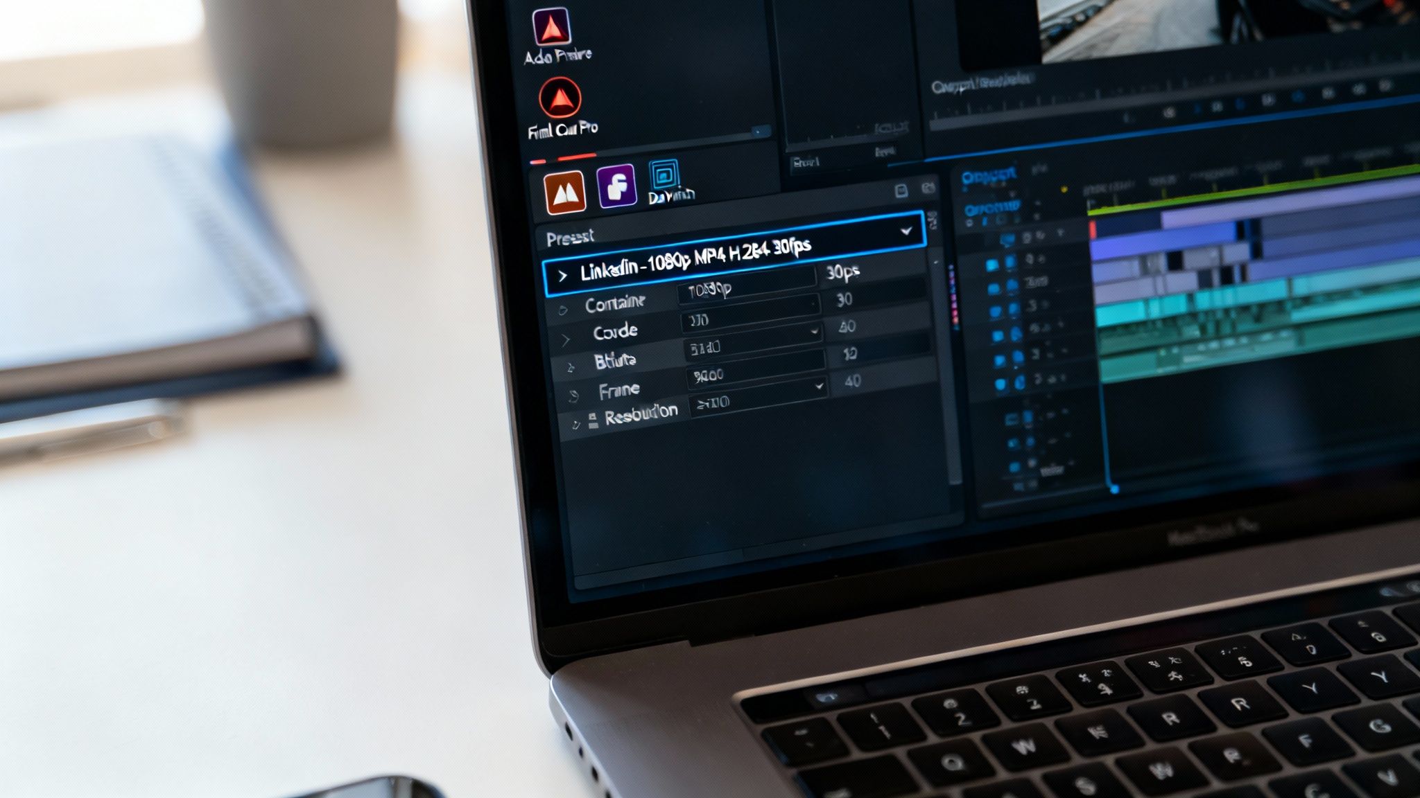 A laptop displays video editing software with LinkedIn export settings for 1080p MP4 H.264 30fps highlighted.