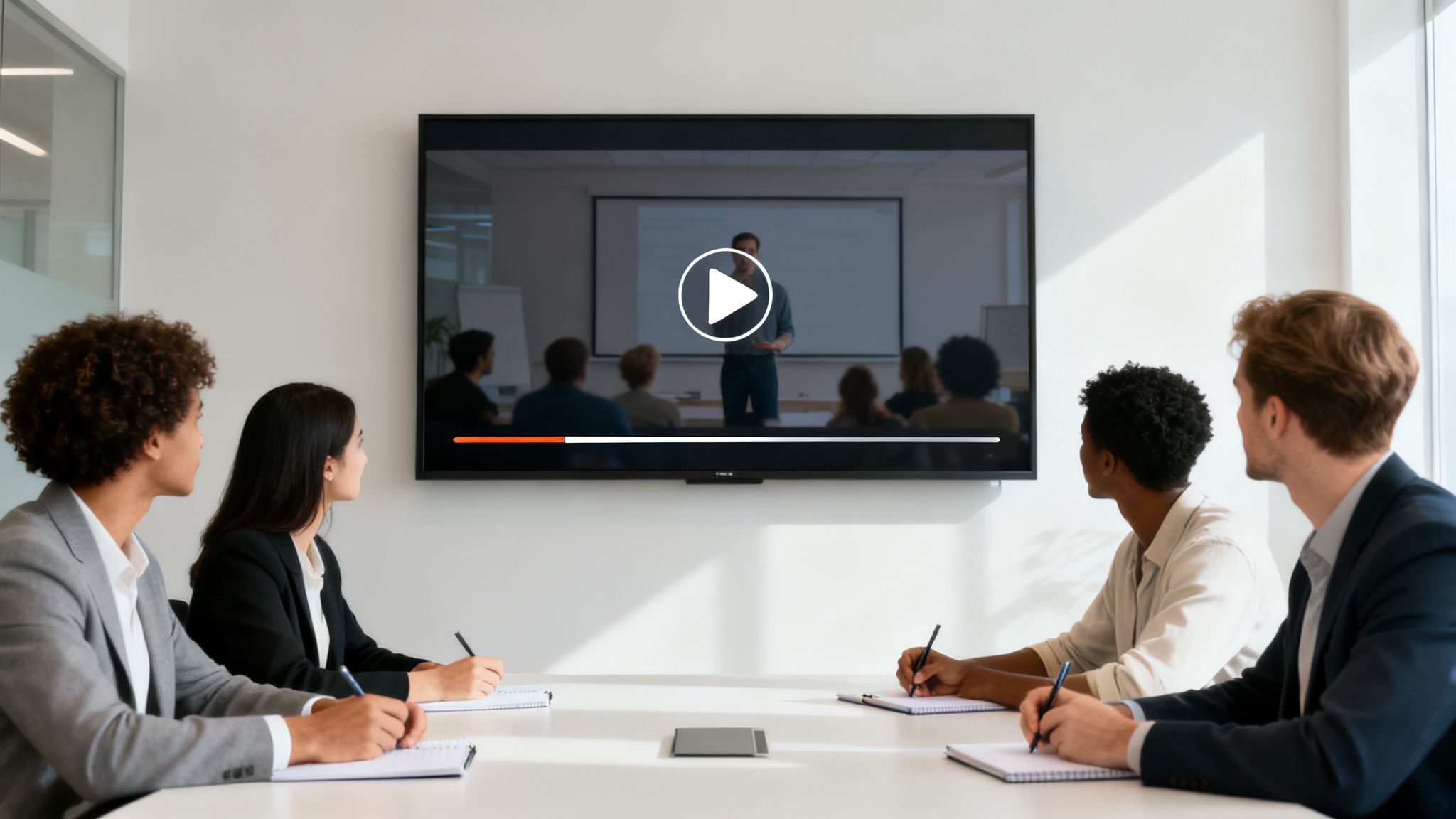 Diverse professionals watch a training video on a large screen in a modern conference room, taking notes.