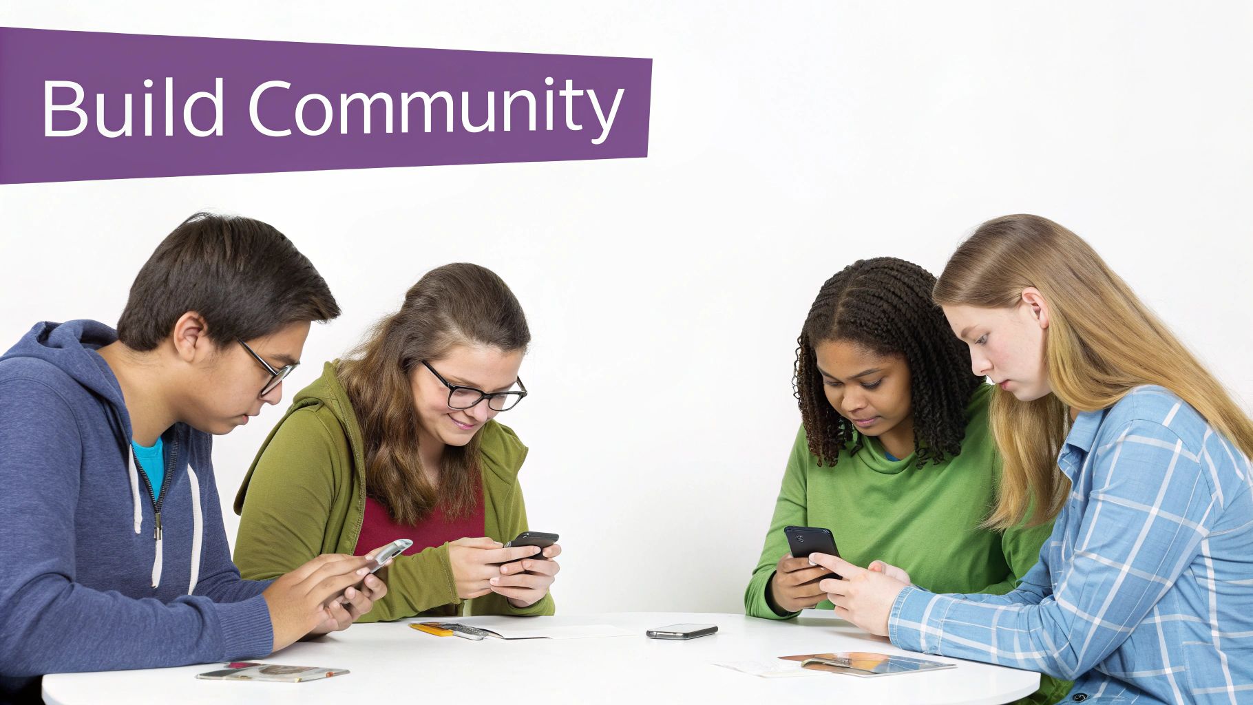 Four diverse teenagers sit around a table, engrossed in their smartphones, under a "Build Community" banner.