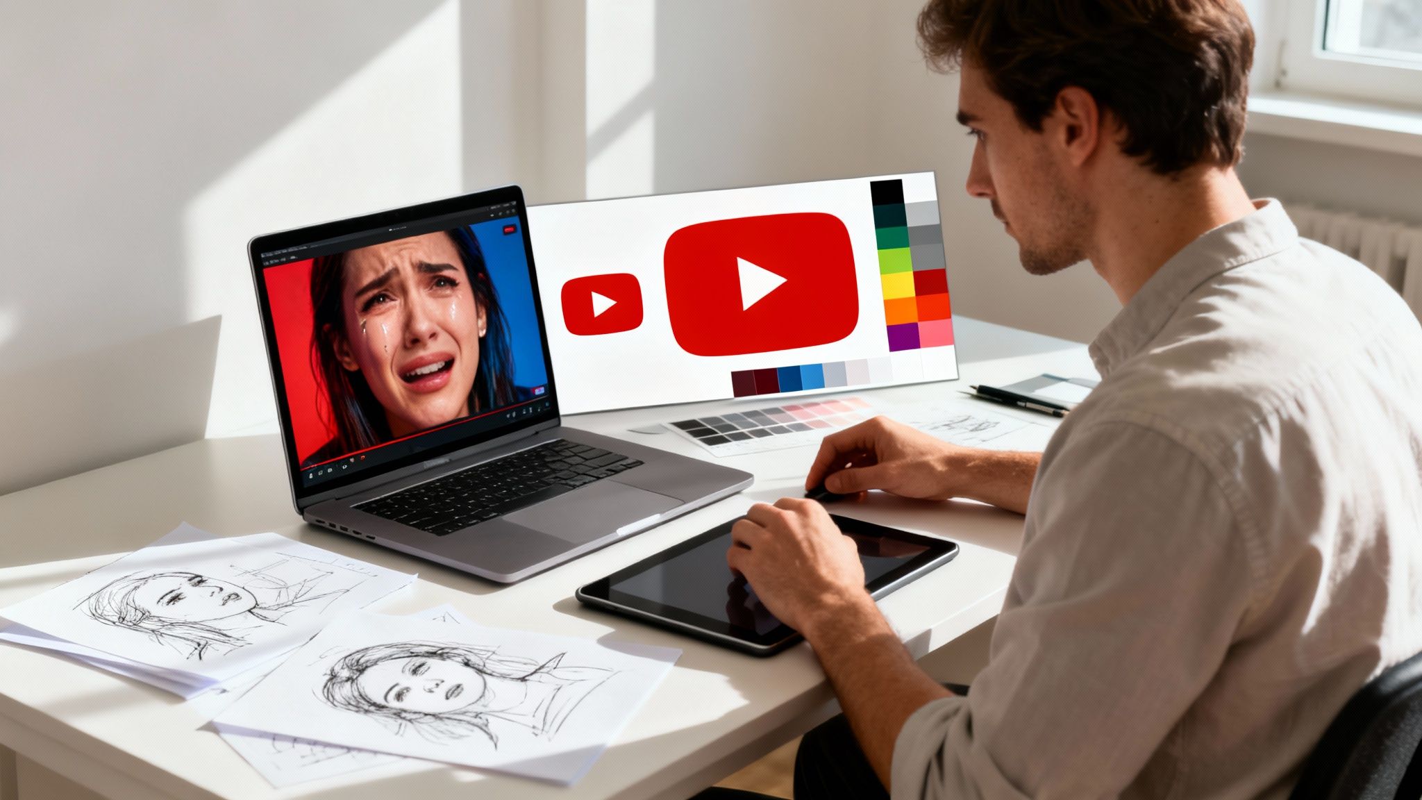 Man at a desk editing video on laptop, designing YouTube logos and colors on a monitor.