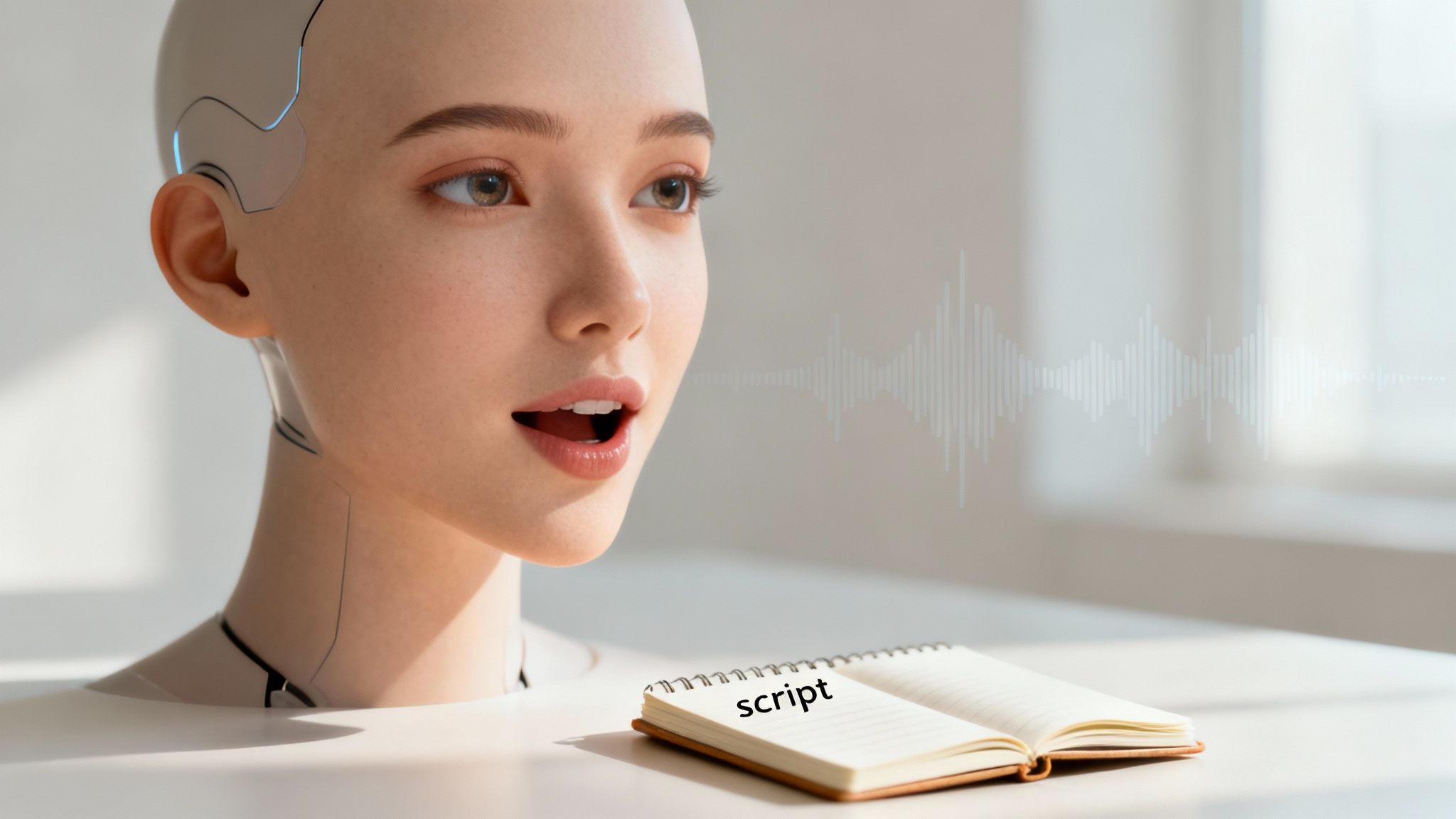 A humanoid AI robot speaks, with sound waves and an open notebook displaying 'script'.