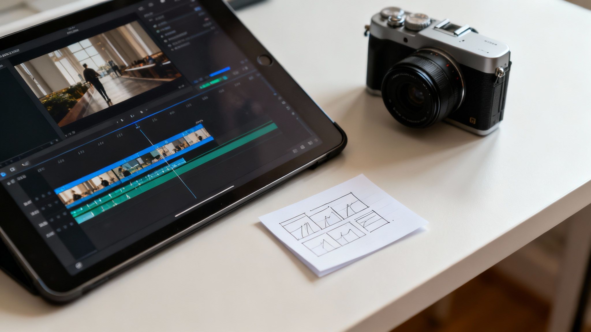 Video editing timeline on tablet next to camera and storyboard sketches on desk