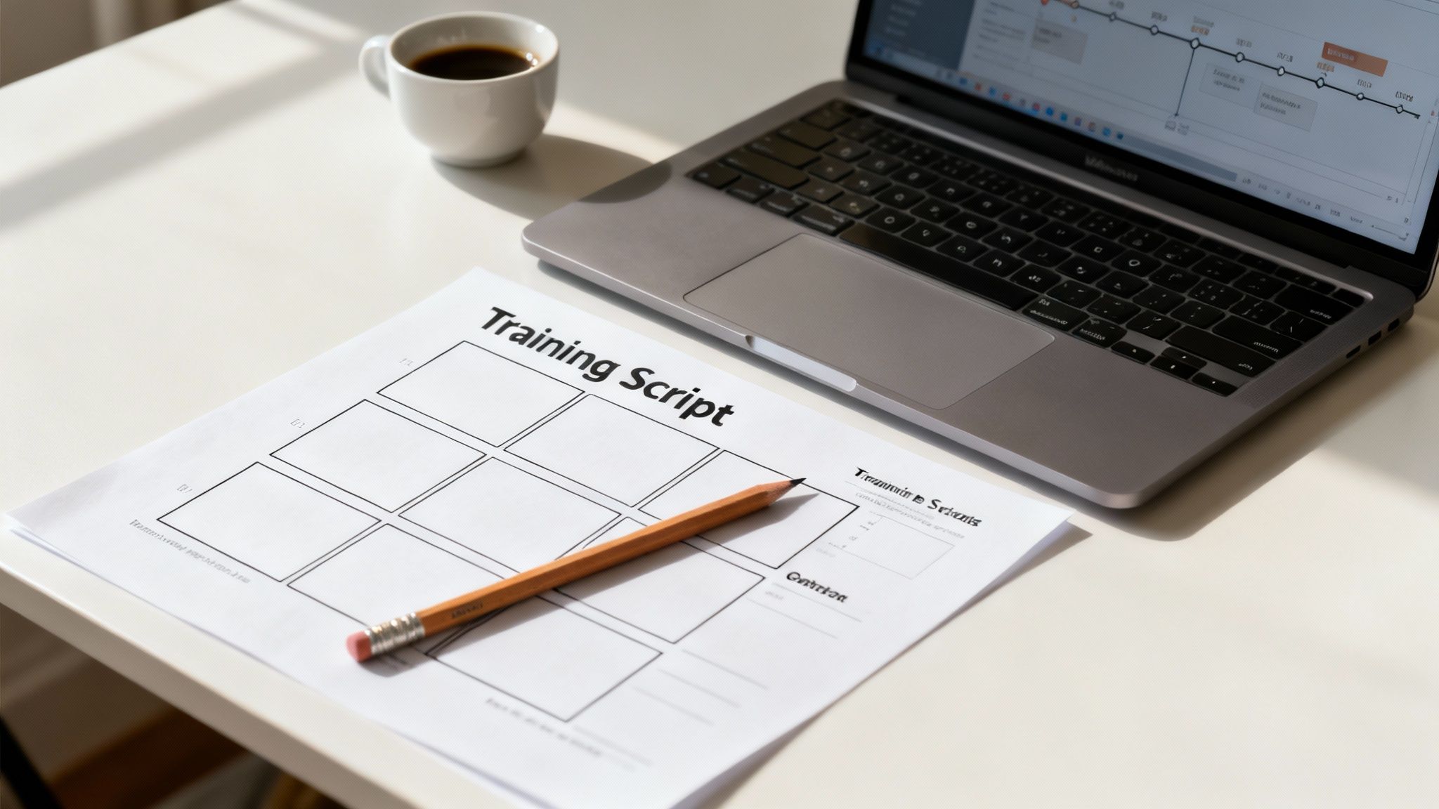 Desk setup with a training script storyboard, laptop, coffee cup, and pencil for video planning.
