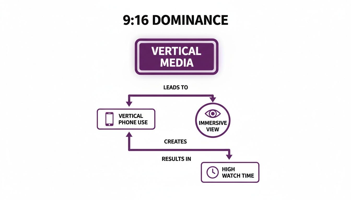 Flowchart illustrating how 9:16 vertical media leads to immersive view and high watch time.