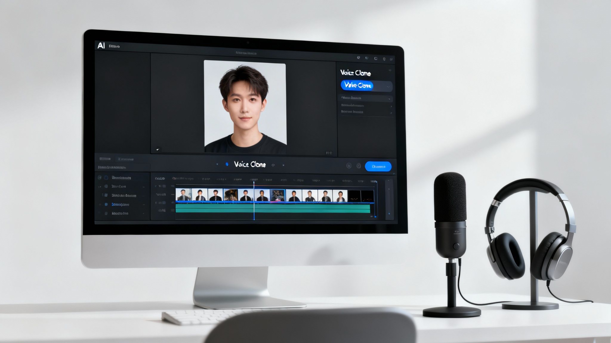 A computer screen shows video editing software with a 'Voice Clone' feature, a microphone, and headphones.