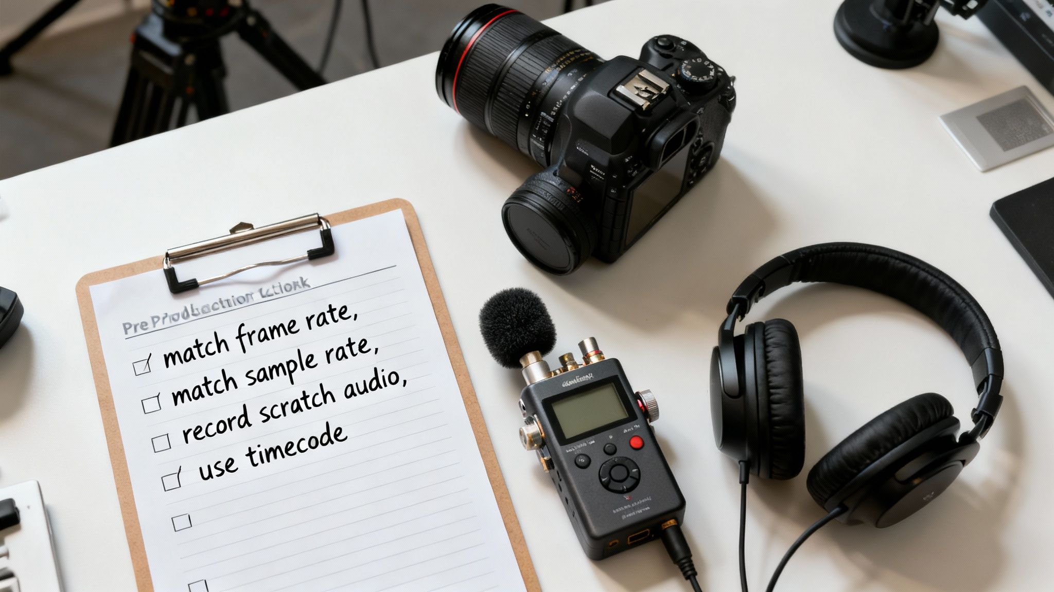 A flat lay of audio and video pre-production gear: a camera, recorder, headphones, and a checklist.