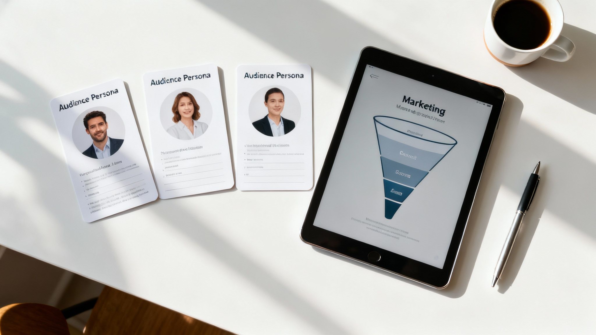 A flat lay of marketing tools including audience persona cards and a tablet showing a marketing funnel.