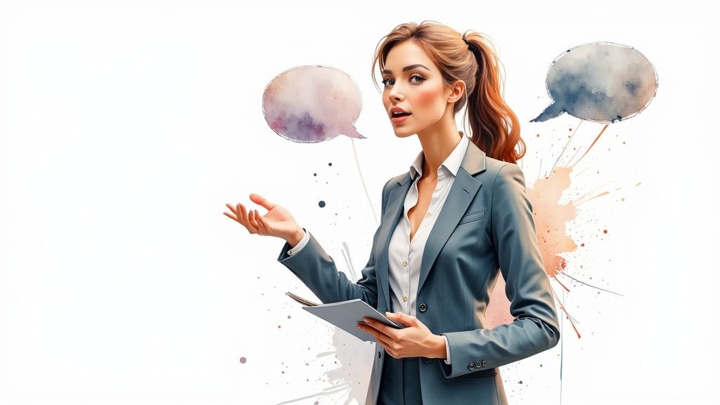 An AI-generated presenter in a professional setting