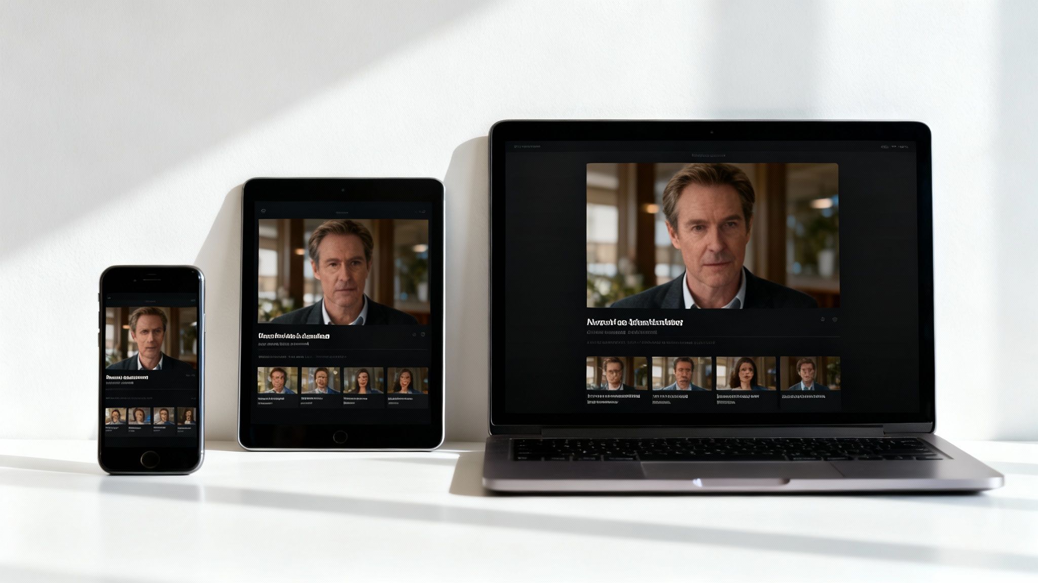 Three digital devices, a phone, tablet, and laptop, displaying video content.