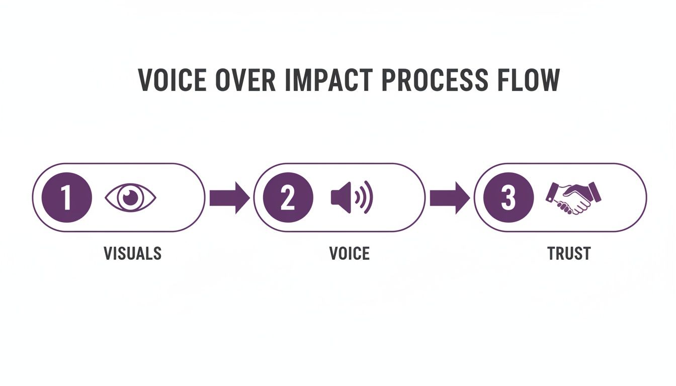 Voice over impact process flow diagram showing visuals, voice, and trust as sequential steps.