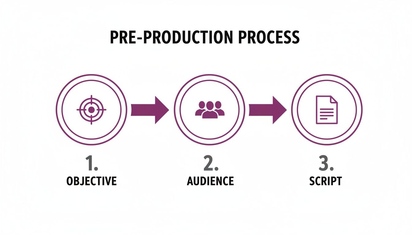 Infographic showing the three steps of the pre-production process: Objective, Audience, and Script.