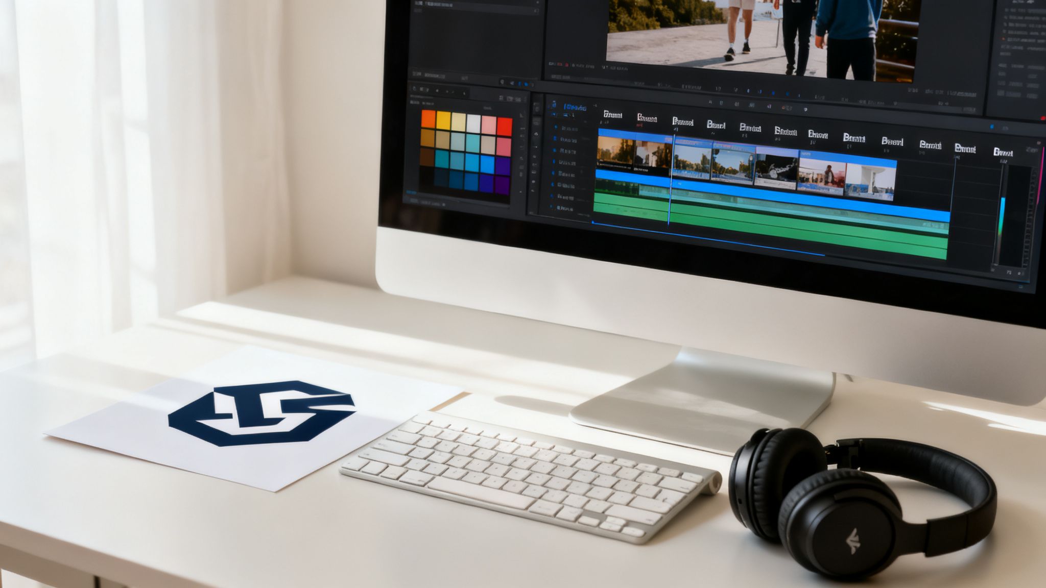 A desk setup with a computer showing video editing software, keyboard, headphones, and a logo.
