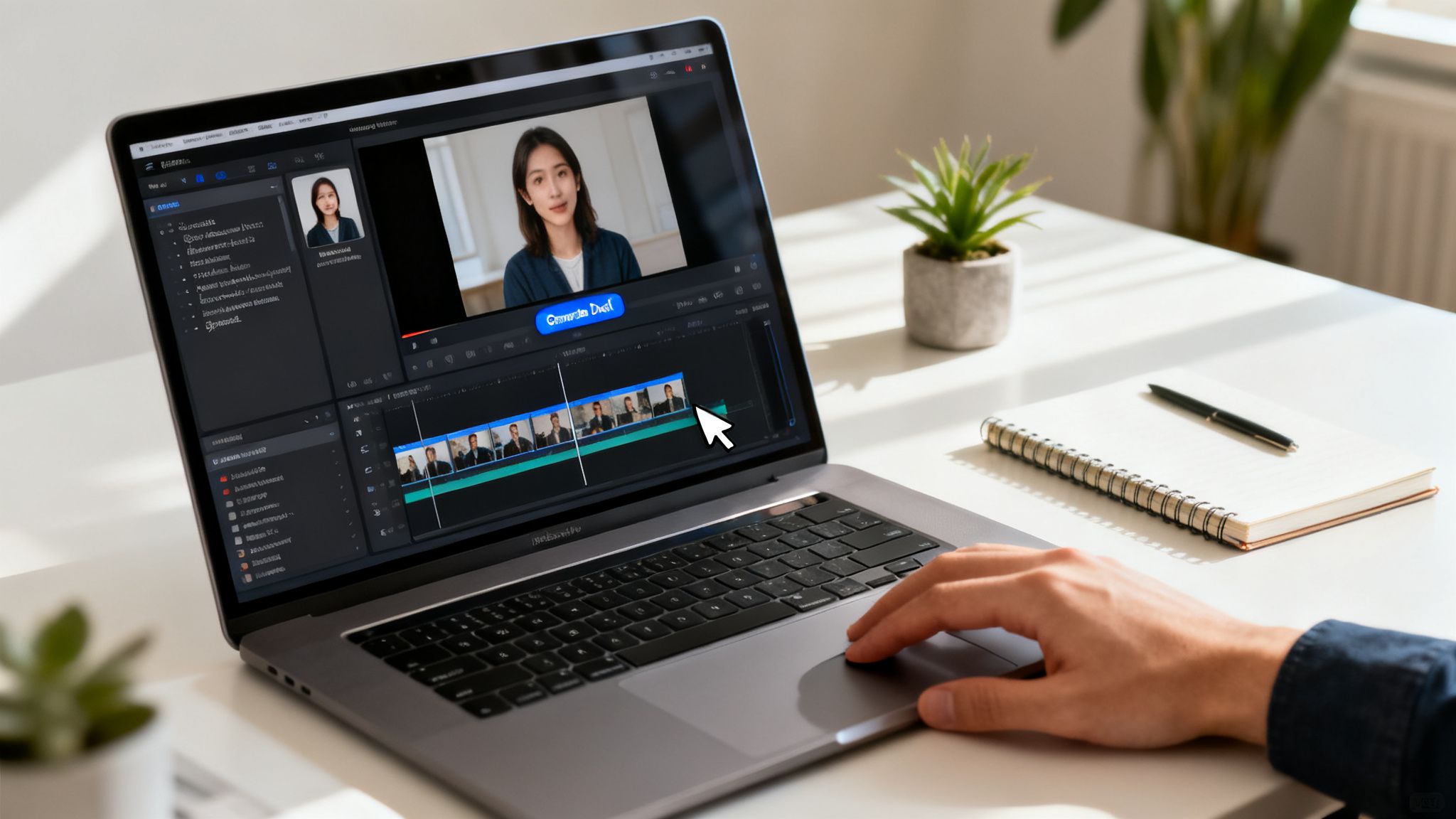 Person's hands editing a training video on a laptop with advanced video production software.