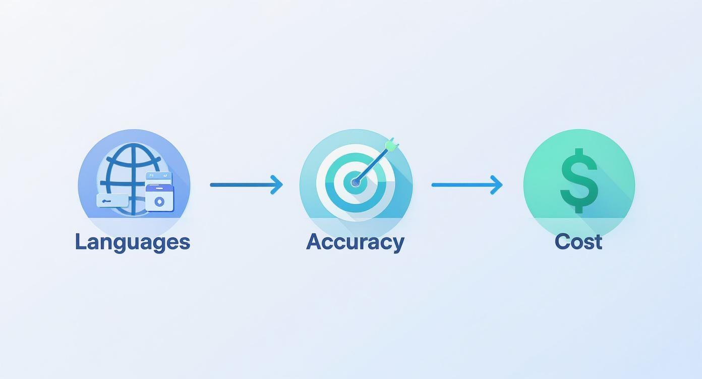 Translation service workflow diagram showing languages leading to accuracy and cost optimization process