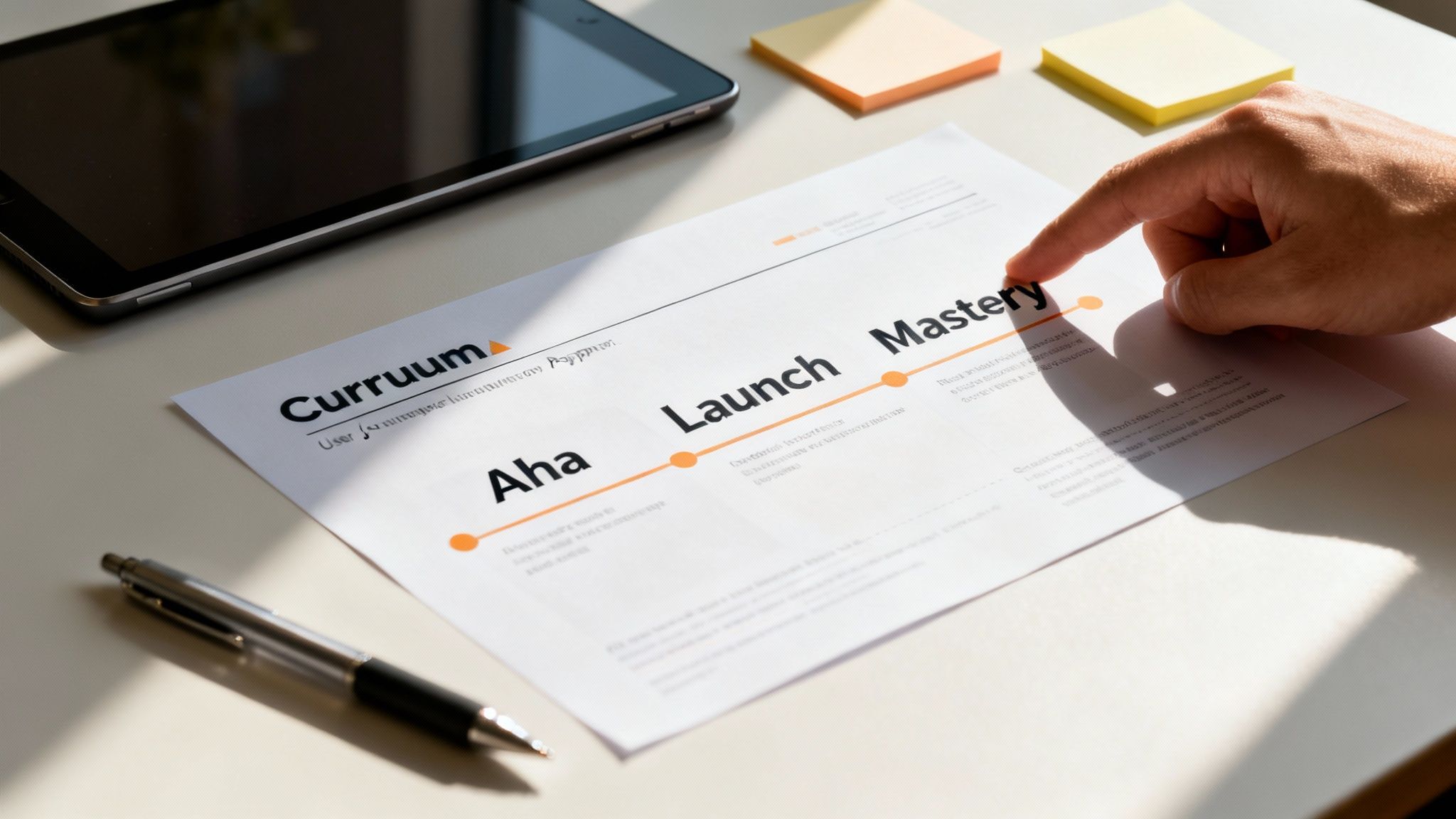 A hand points at 'Mastery' on a document showing 'Aha, Launch, Mastery' steps on a desk.