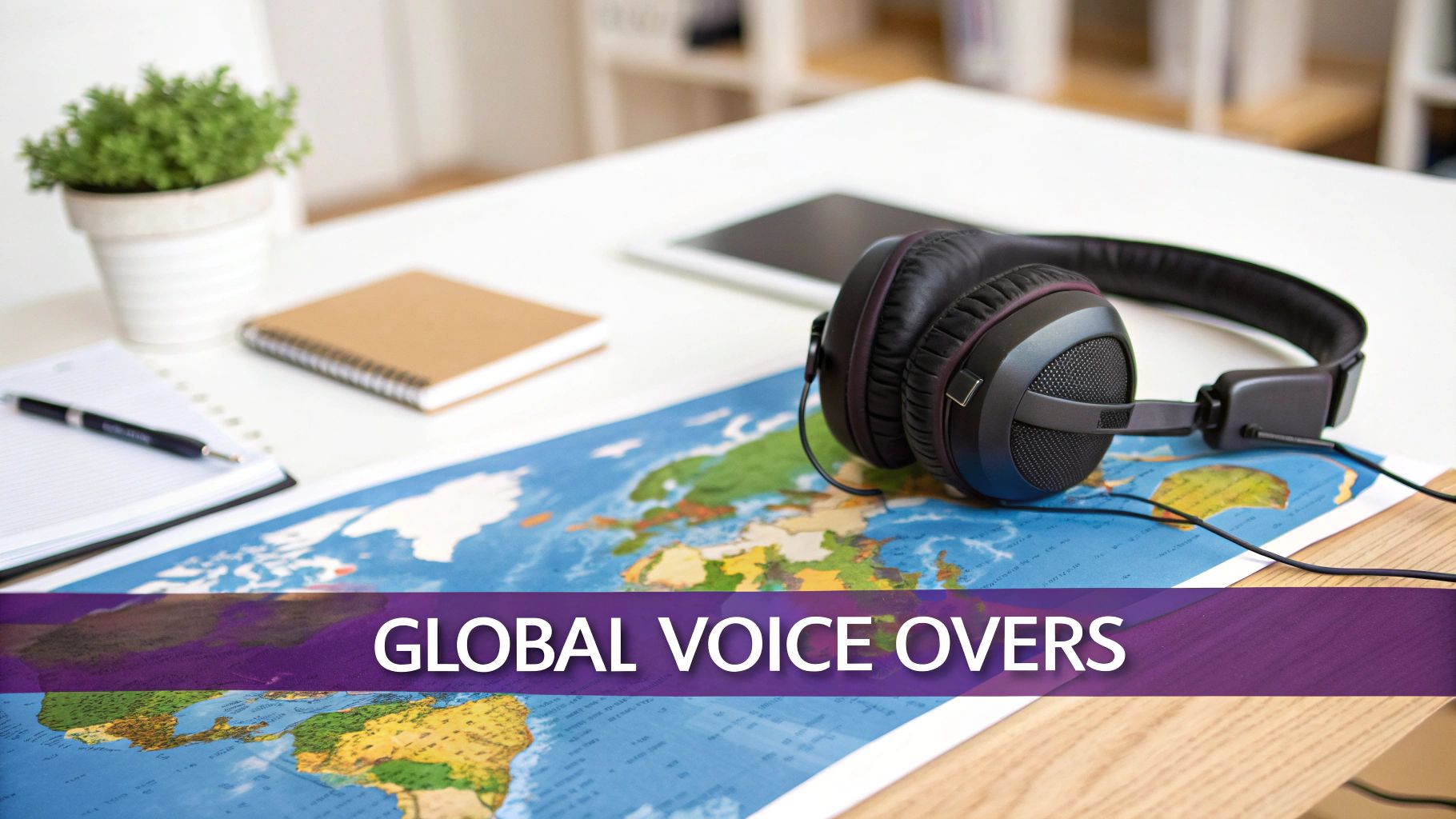 A desk setup with a world map, headphones, notebooks, and a plant, with 'GLOBAL VOICE OVERS' text.