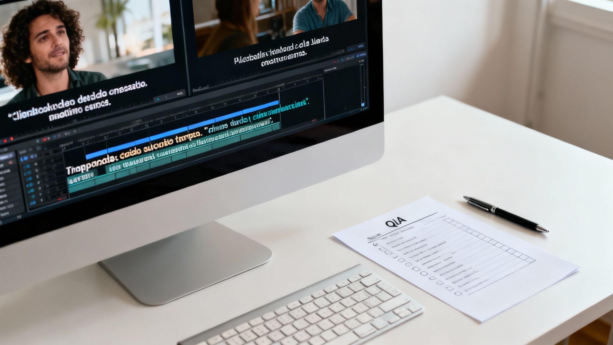 A computer monitor displays video editing software with subtitles, a man speaking, a keyboard, and a QIA document on a white desk.