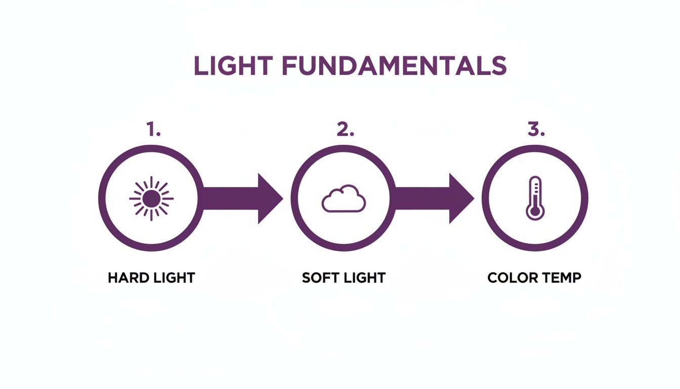 A diagram illustrating light fundamentals: hard light (sun), soft light (cloud), and color temperature (thermometer) in sequence.