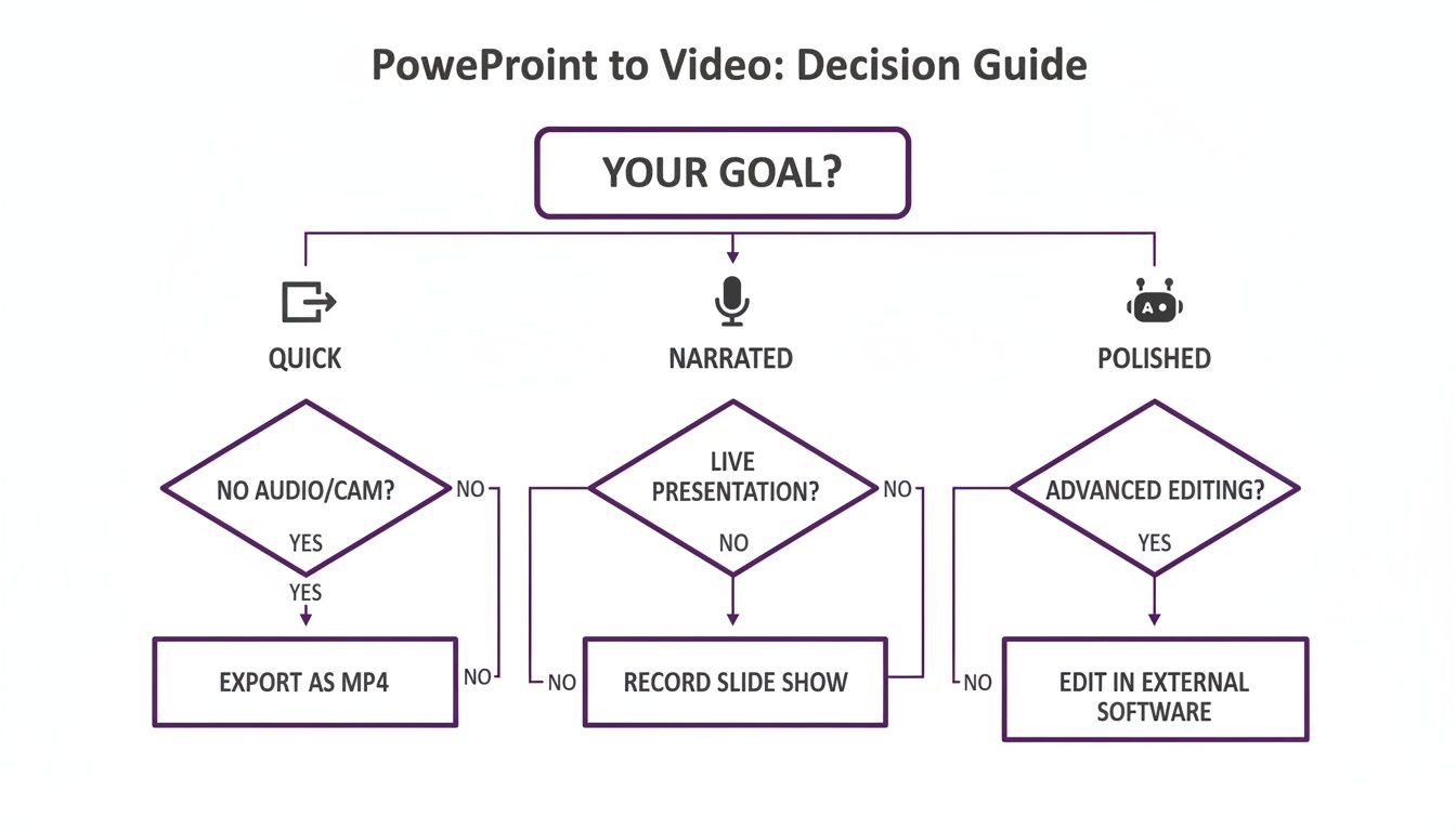 A PowerPoint to video decision guide flowchart showing options for quick, narrated, or polished video output.