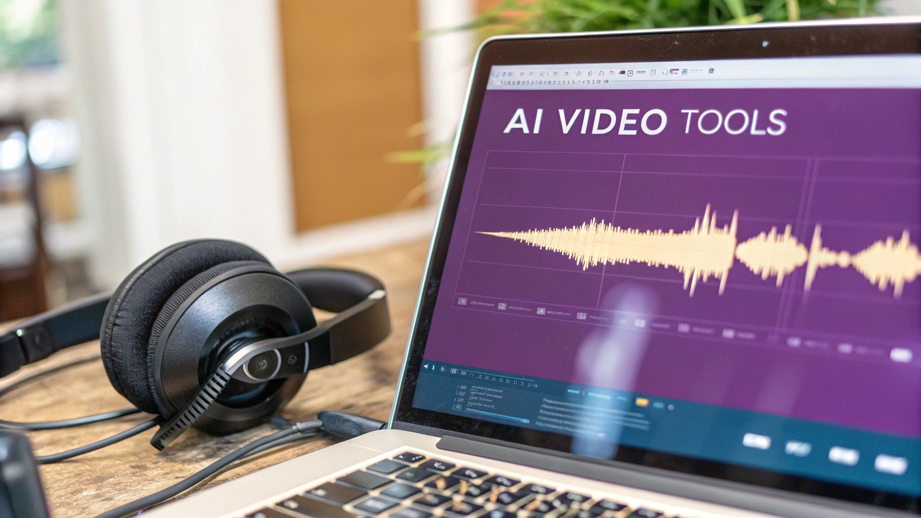 Laptop displaying AI video tools and an audio waveform, with headphones on a wooden desk.