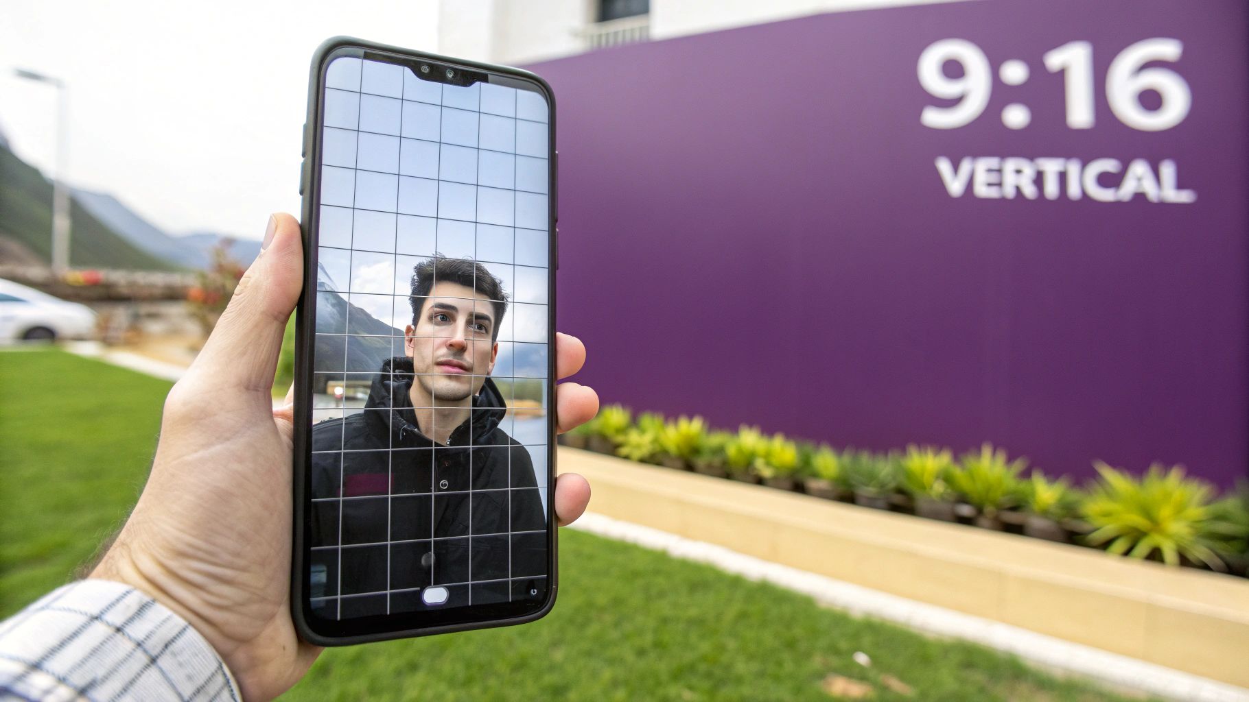 A hand holds a smartphone displaying a man's selfie with a grid, near a purple wall with '9:16 VERTICAL' text.
