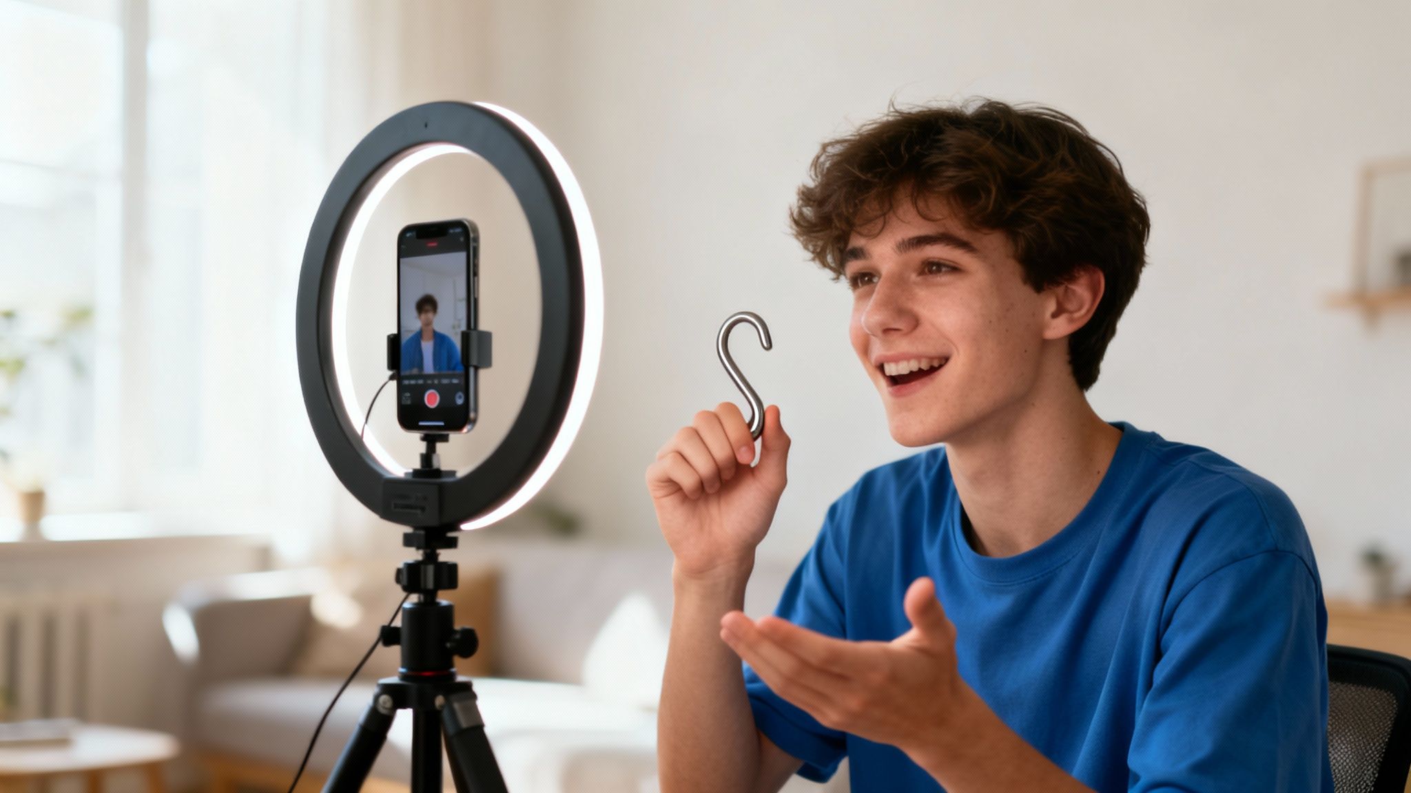 Young man vlogging with a ring light and smartphone, holding an S-shaped object, smiling.