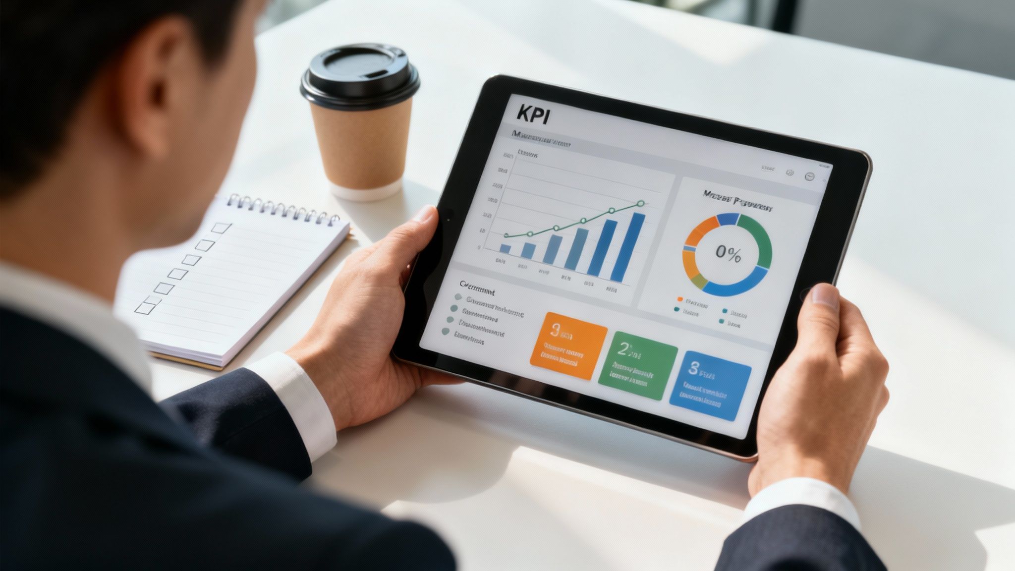 Professional businessperson reviewing KPI dashboard analytics and performance metrics on tablet computer