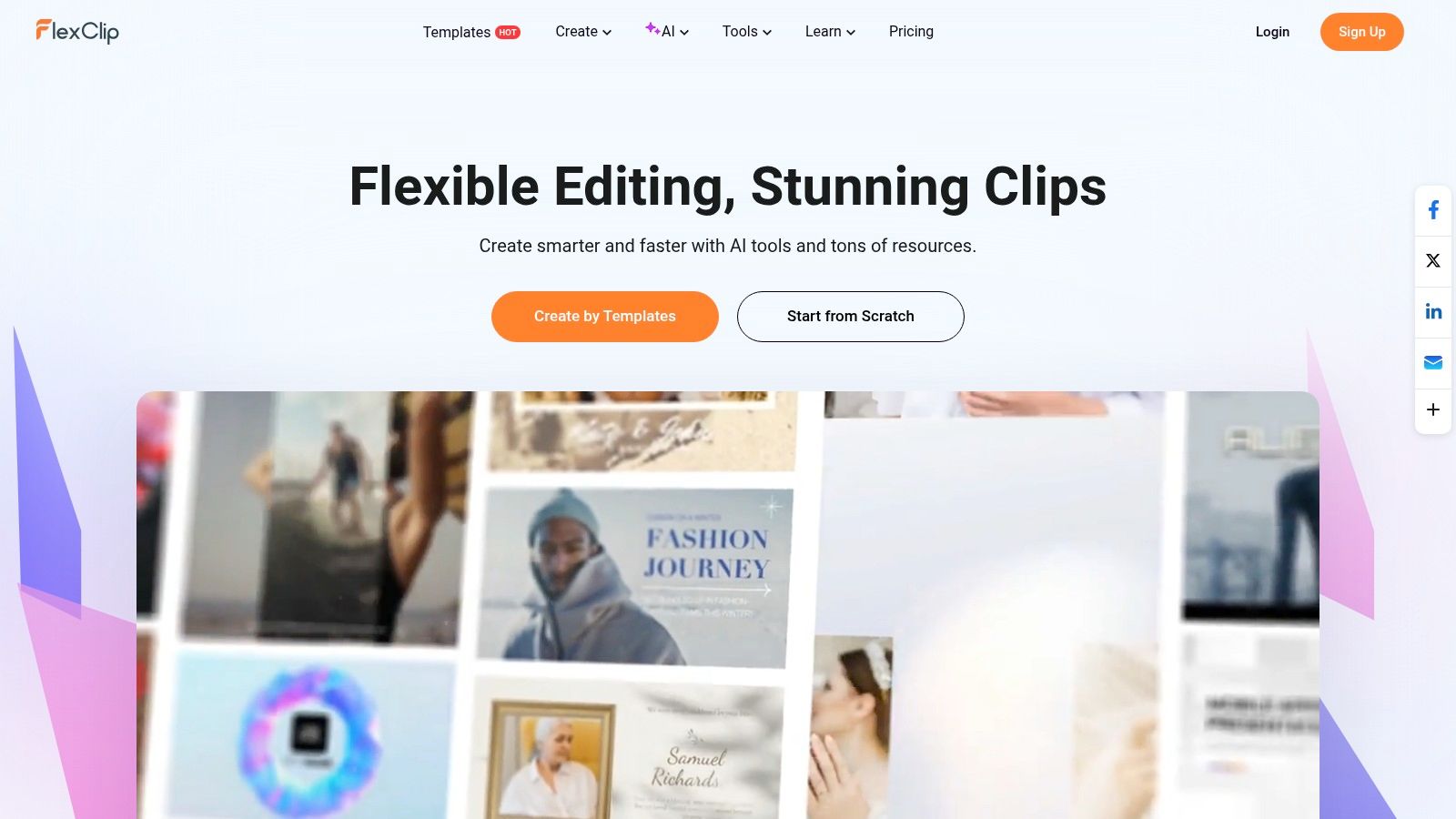A user-friendly video editing interface from FlexClip, showcasing its timeline and media library.