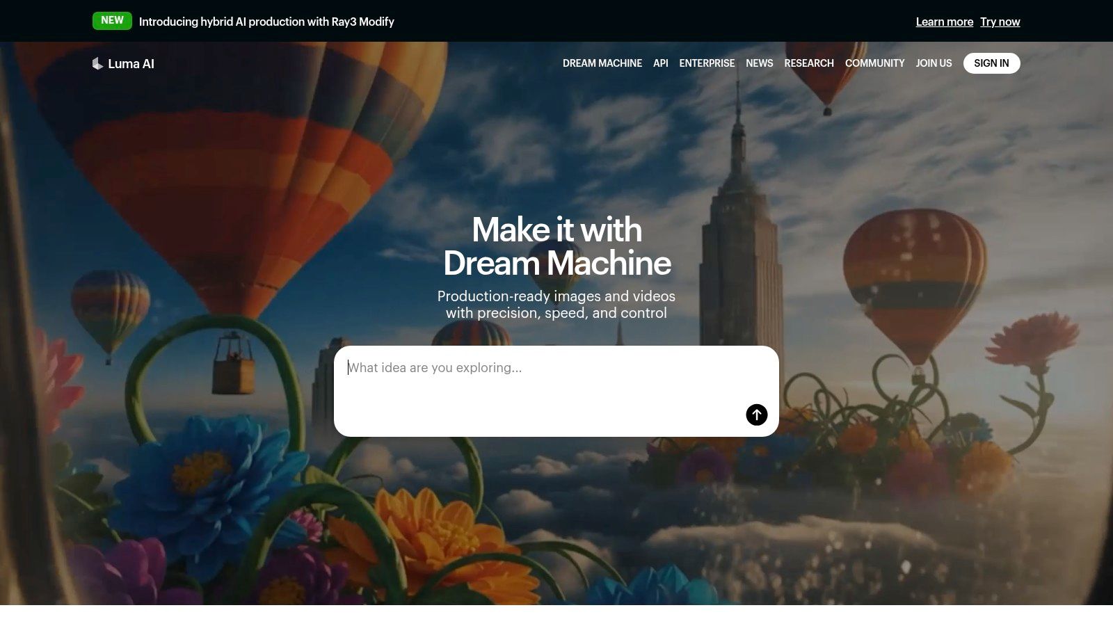 An AI-generated video still from Luma AI's Dream Machine showing a futuristic city street scene with flying vehicles.