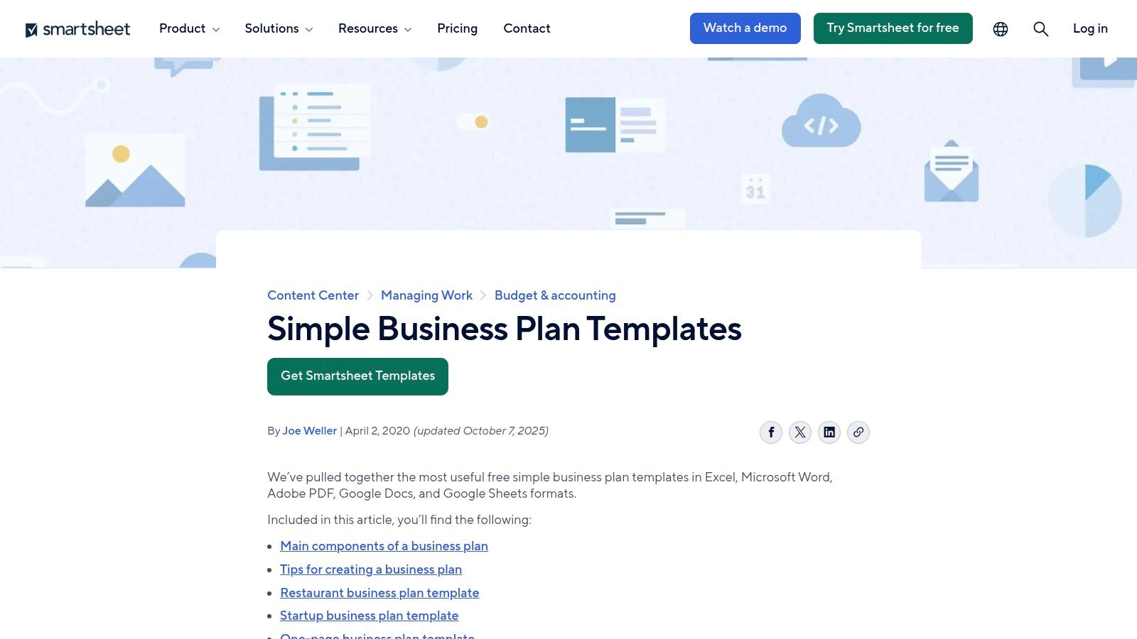 Smartsheet simple business plan templates
