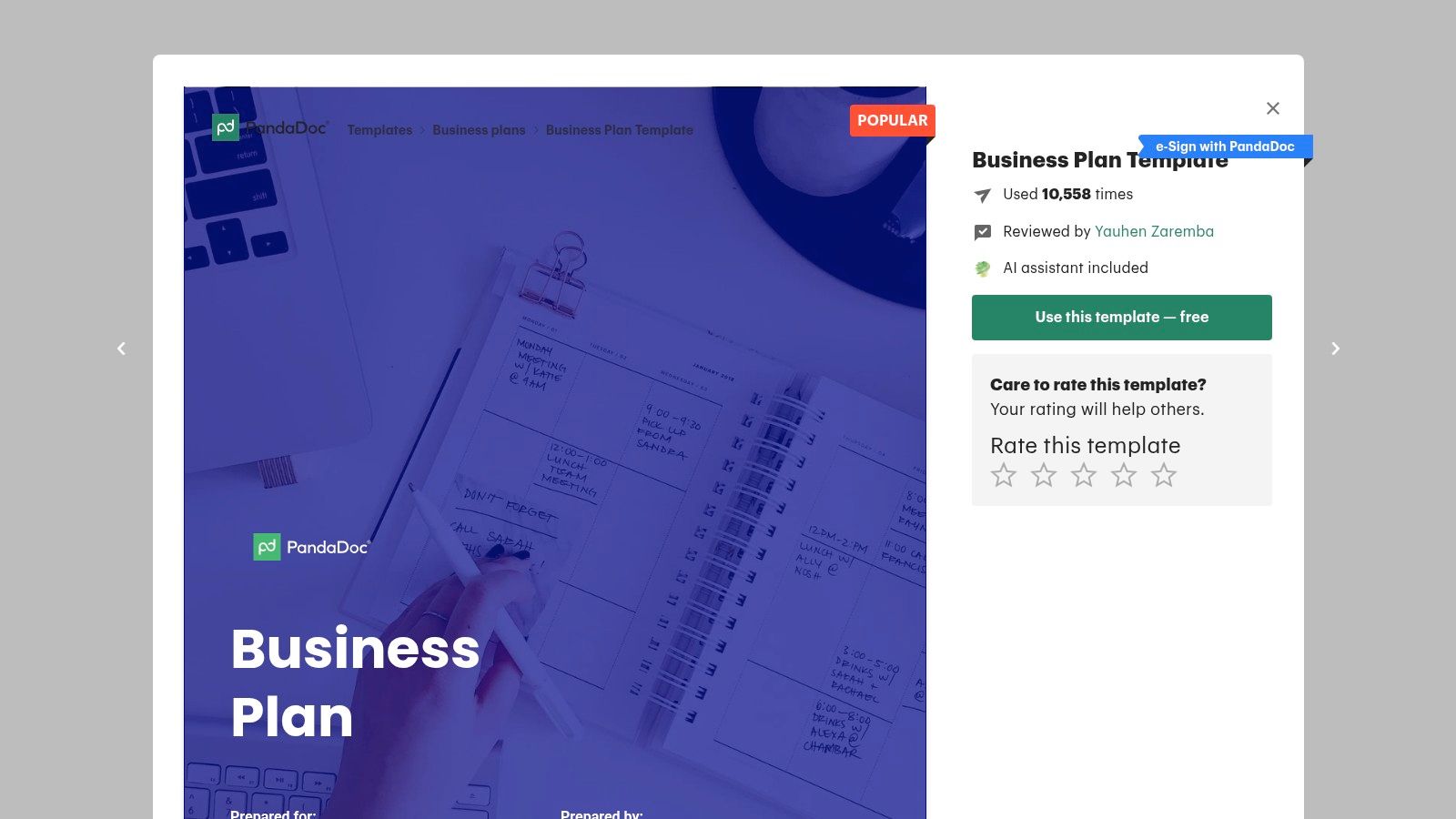 PandaDoc for free business plan template