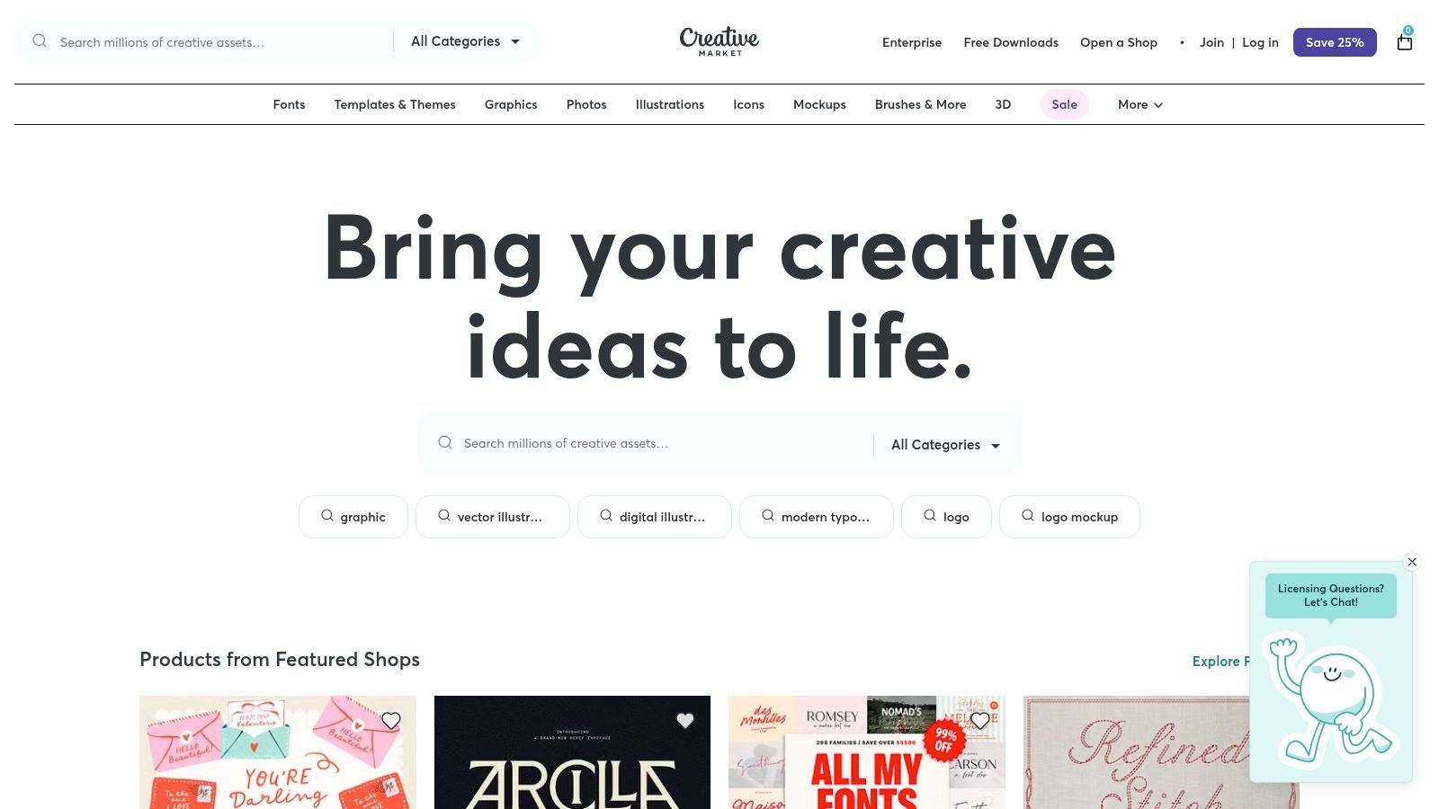 Creative Market homepage showing a variety of design assets