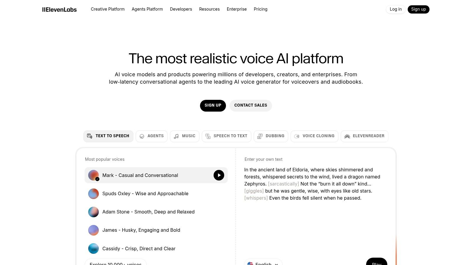 ElevenLabs user interface showing voice generation options