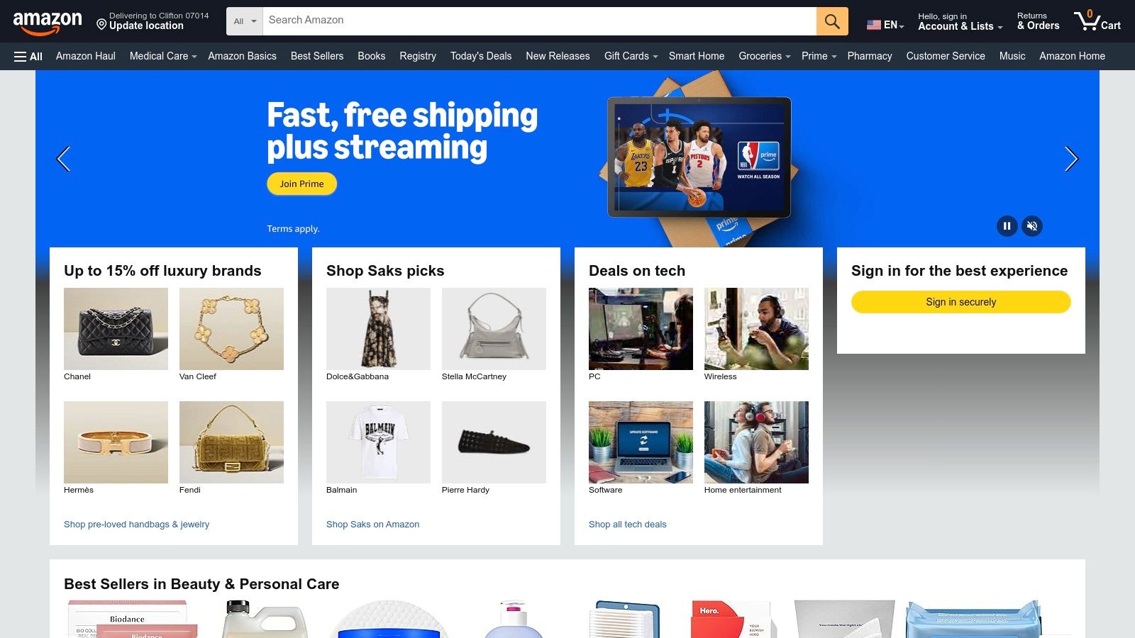 Amazon homepage showing its search bar and product categories