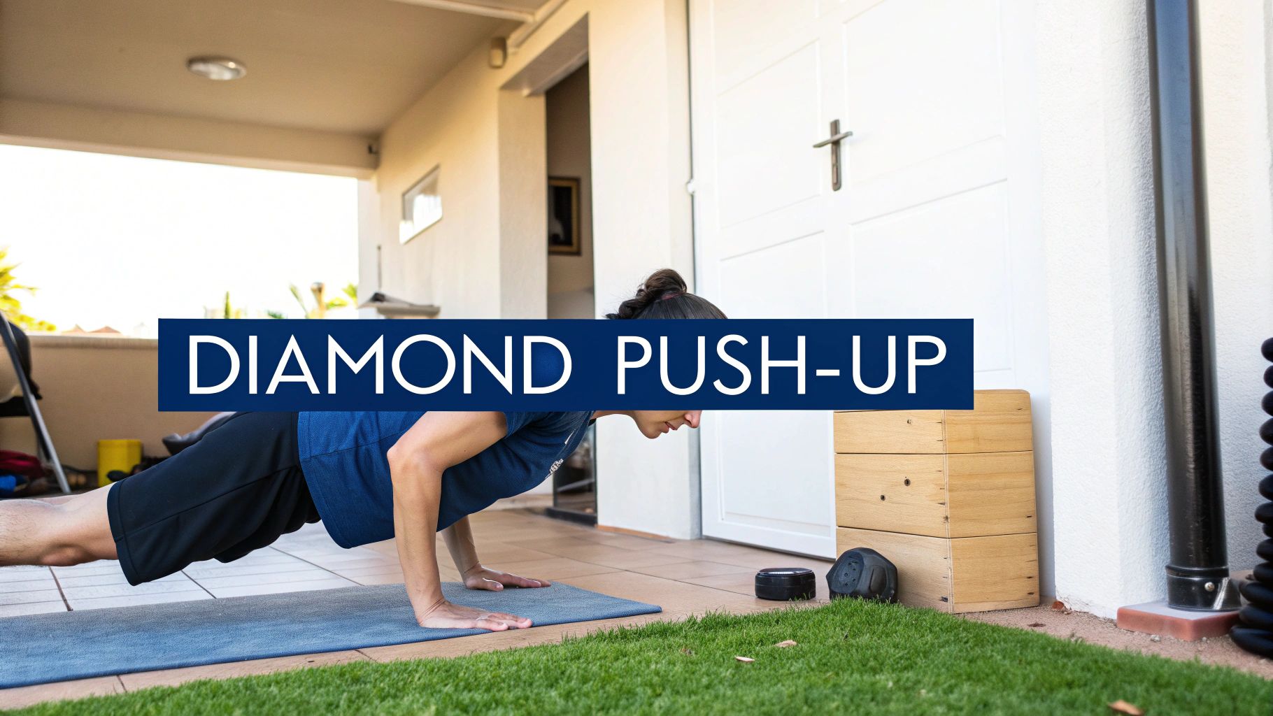 Diamond push-up demonstration showing hands in diamond under sternum and straight body line. Use for triceps and inner chest.
