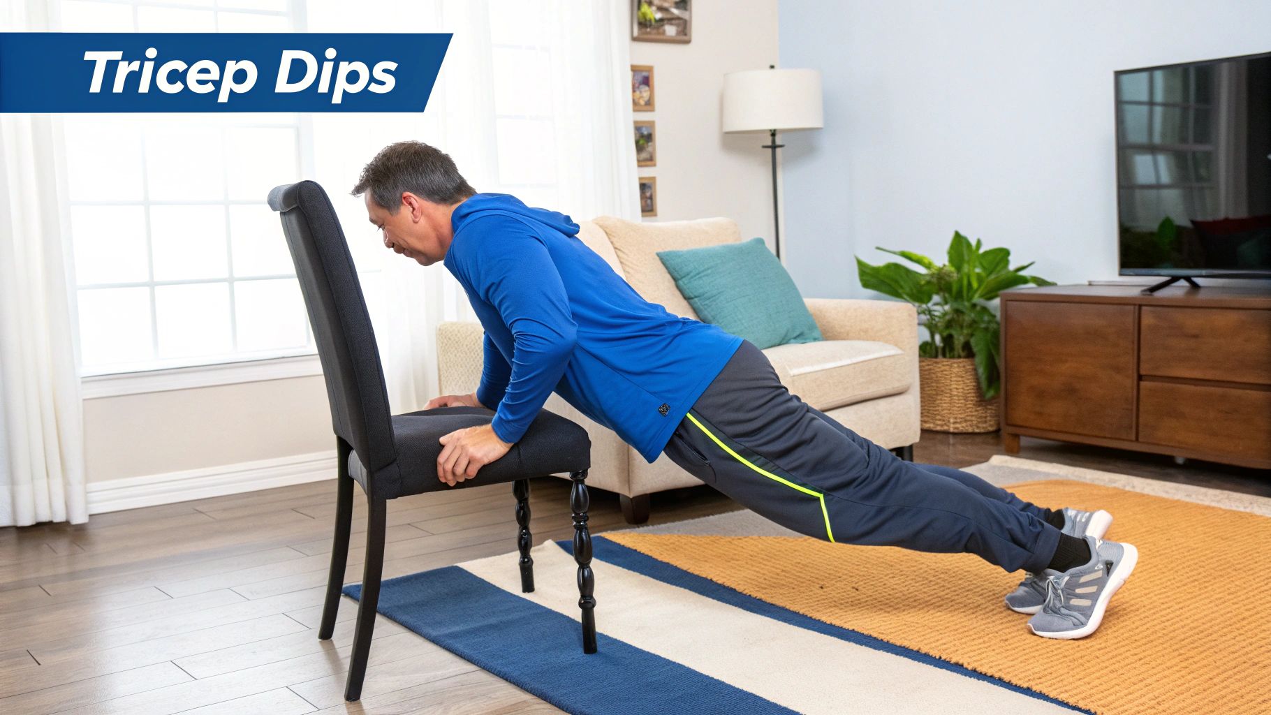 Athlete performing tricep dips on a chair at home