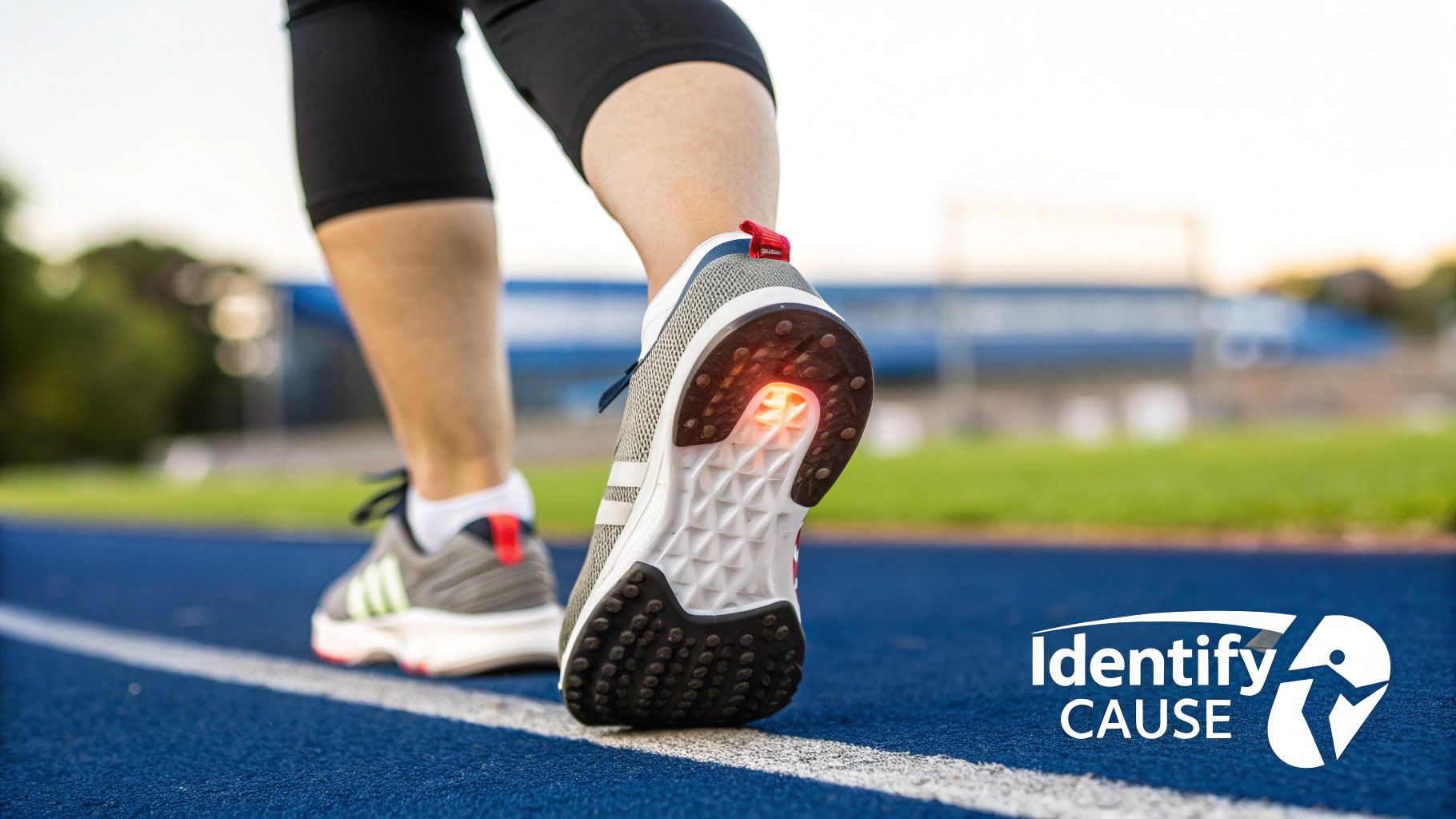 A runner is sitting on the ground, touching the top of their foot in discomfort.