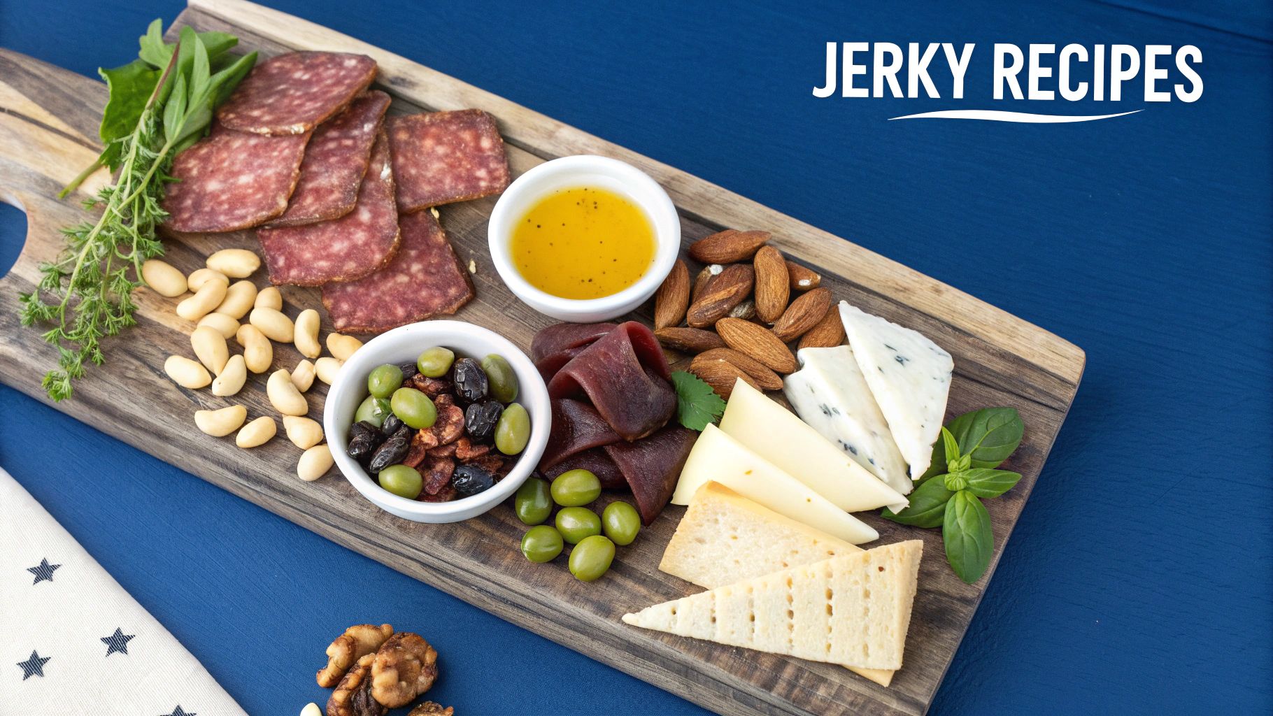 Close-up of a hand holding a piece of artisanal beef jerky, with a blurred natural background.