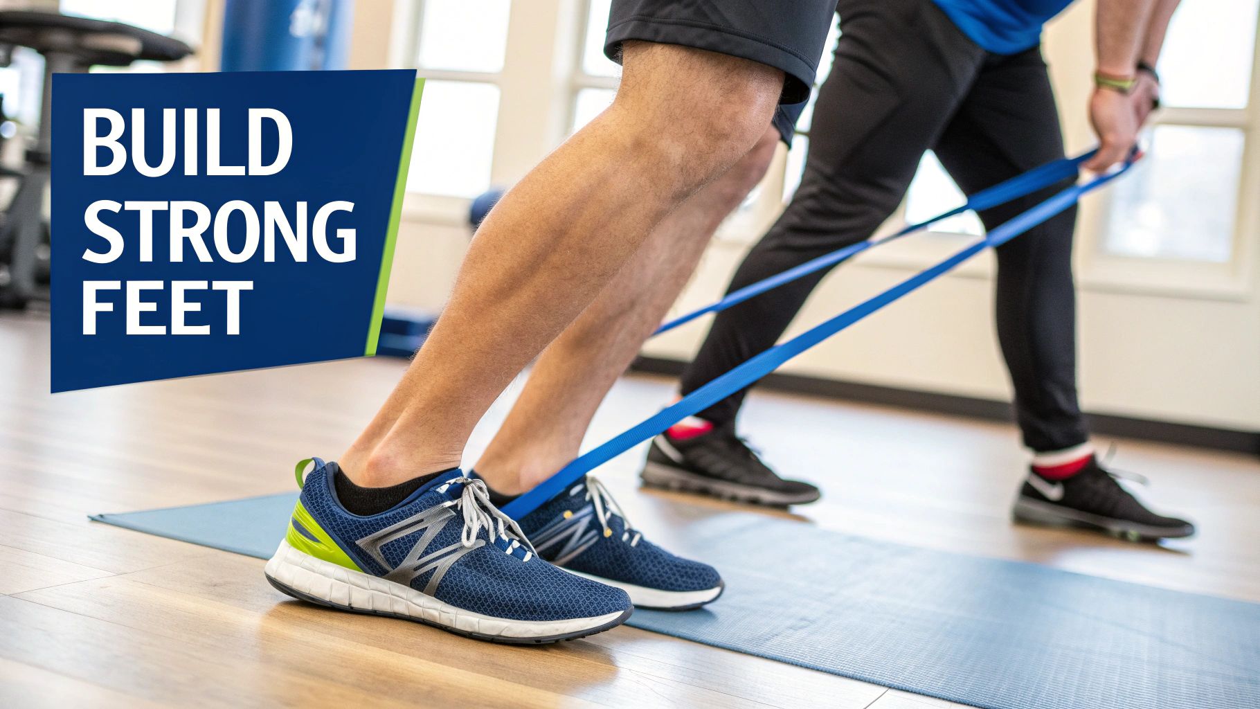 A runner performing strengthening exercises for their feet using a resistance band.
