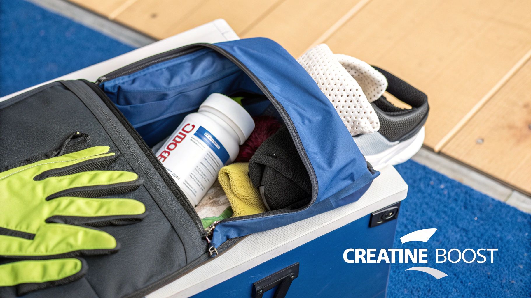 Scoop of creatine monohydrate powder beside a shaker bottle — simple daily dosing visual