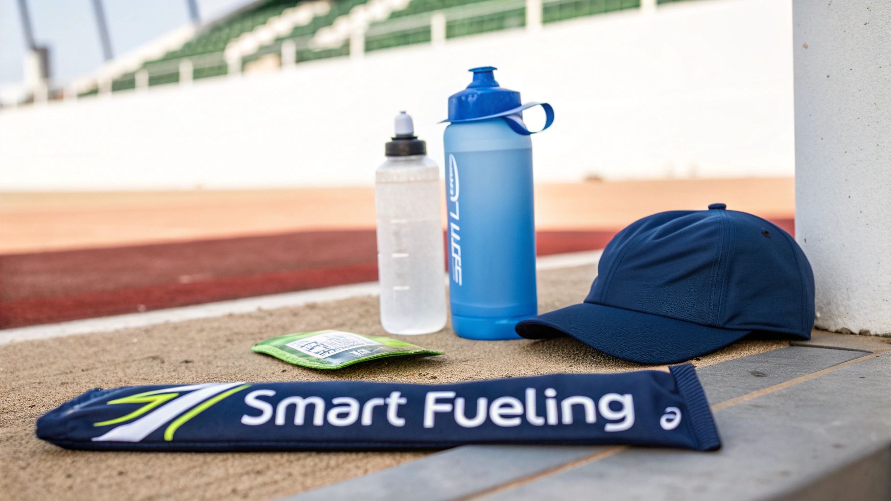 Display of UCAN energy products — gels and powders laid out on a minimal surface