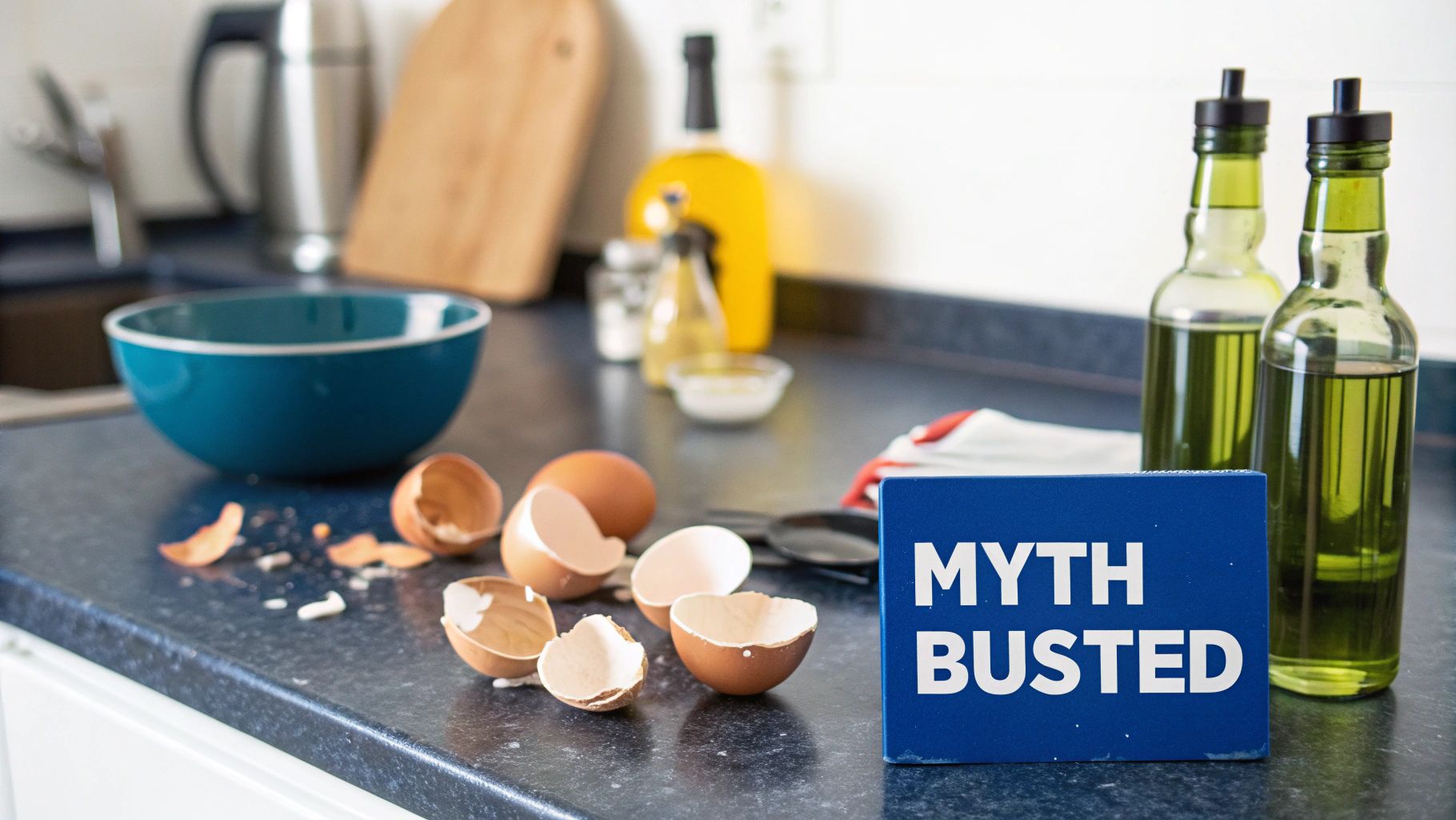 Bottle of oil next to a bowl of olives and rosemary; visual representing cooking oil choices and natural ingredients.