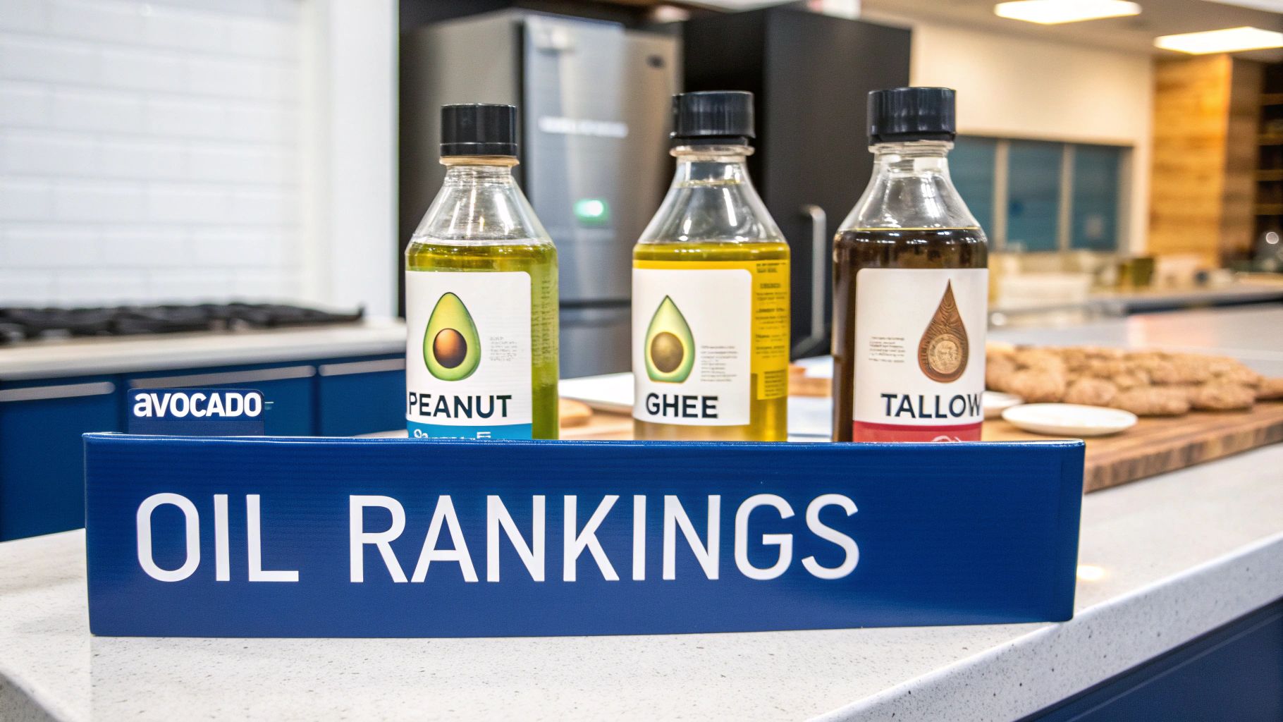 Various bottles of cooking oil — avocado, olive, peanut — arranged on a kitchen bench to show choices for frying.