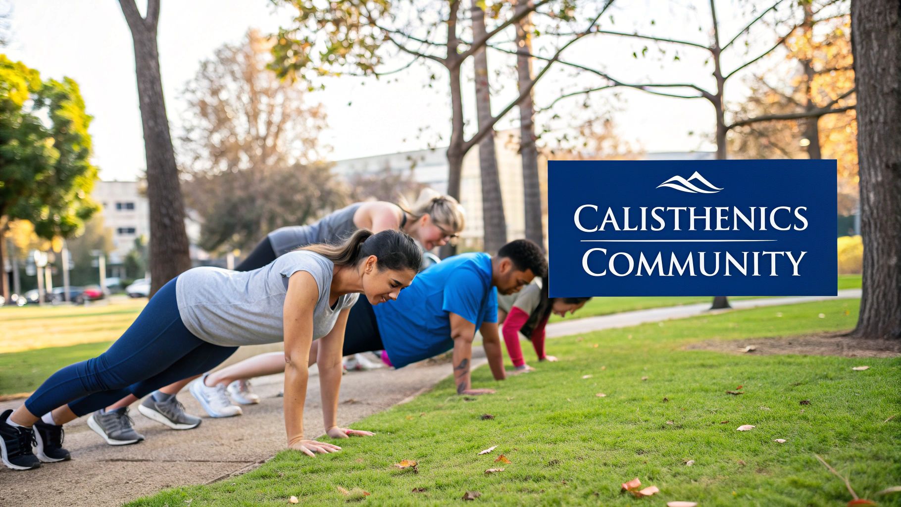A group of people practicing calisthenics together in an outdoor park.