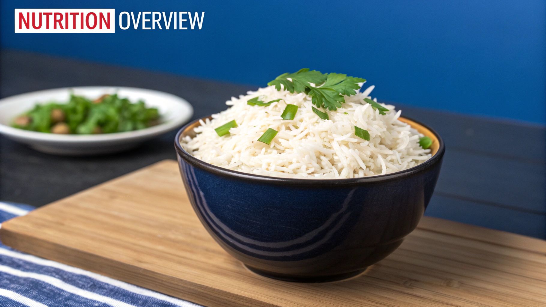 Cooked basmati rice in a white bowl, garnished with herbs — ideal plate for an endurance athlete's pre-race dinner.