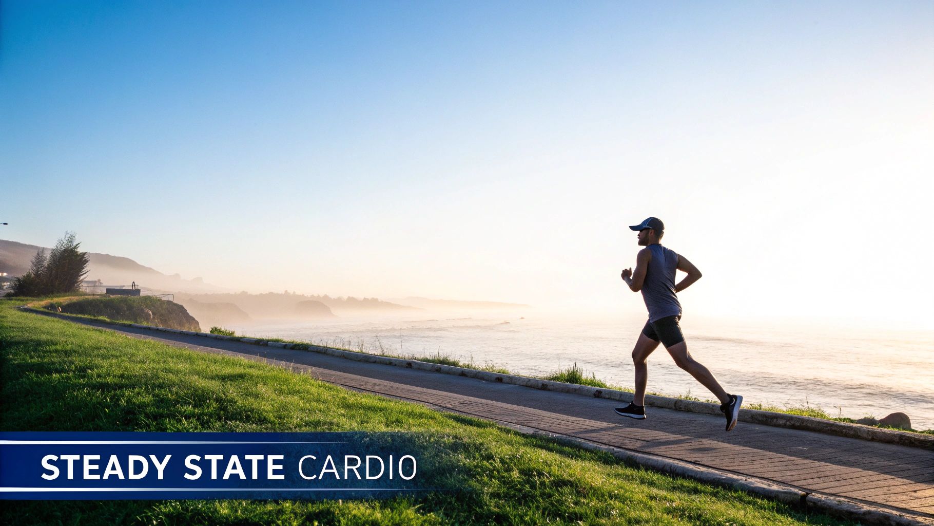 Female runner in blue leggings and pink top jogging on a paved path beside calm water — example of steady state cardio