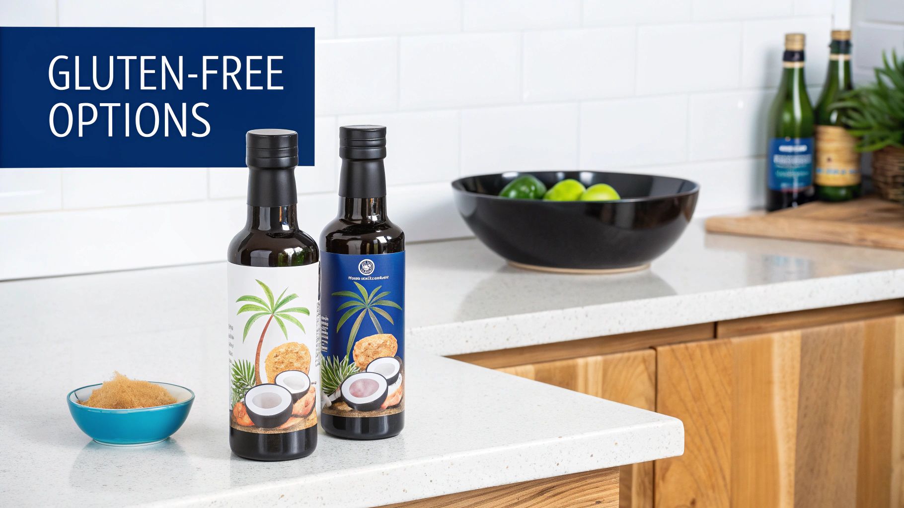 Close-up of nutrition panel and allergen declaration on soy sauce bottle — look for 'Contains: Wheat' or the crossed-grain logo